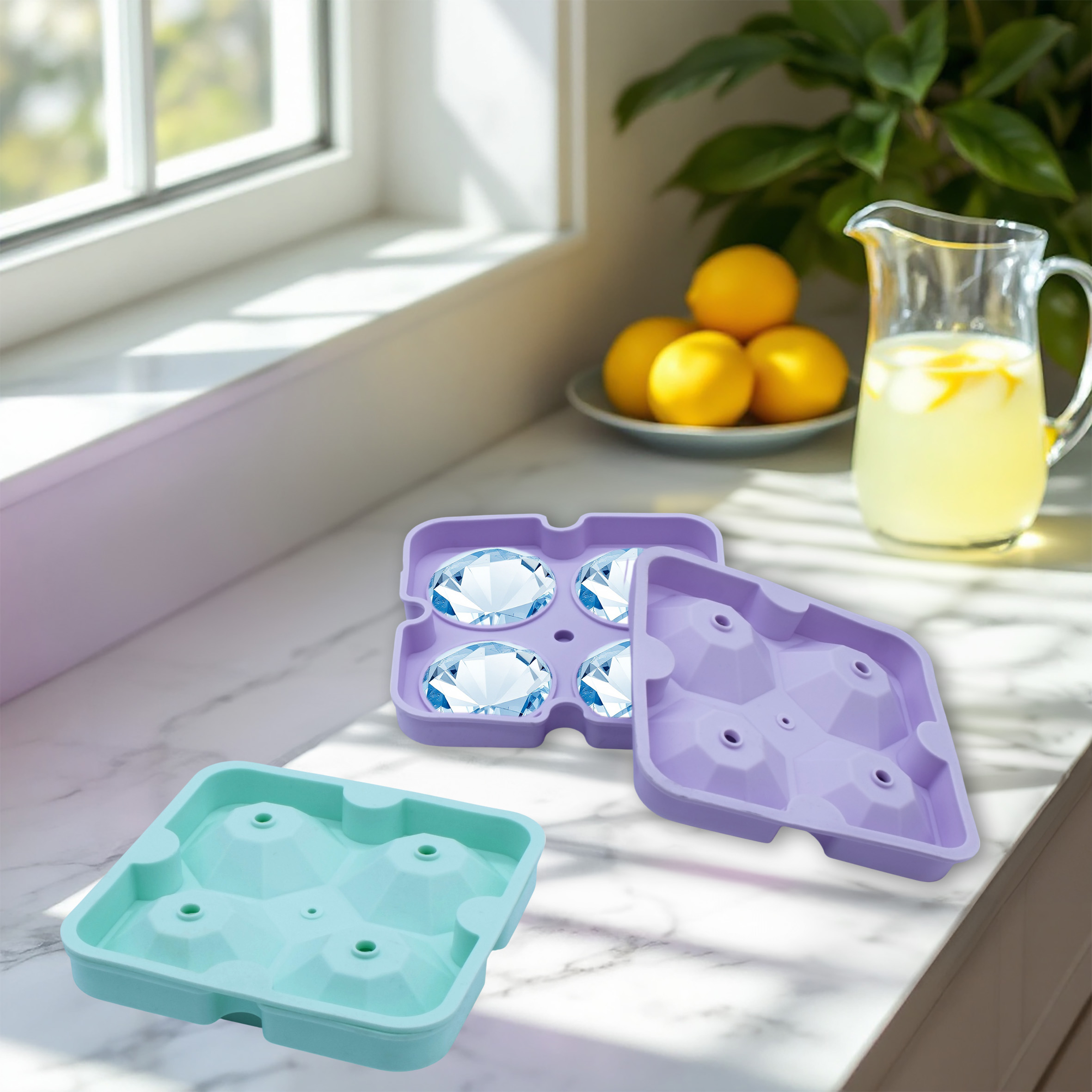 Silikon 4er Eiswürfelform XL Diamant je 5 cm - 2er Set - Eiswürfelschale mit Deckel für 4 große Kristalle