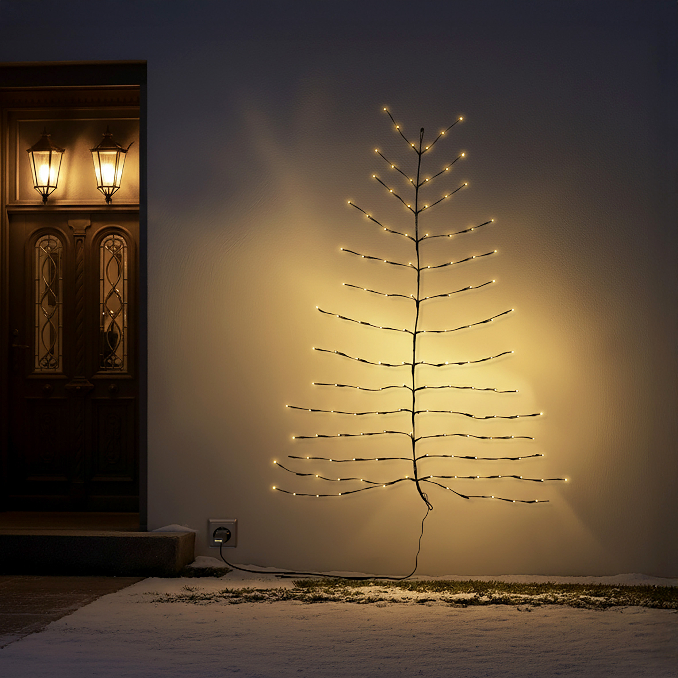 LED Weihnachtsbaum Wandbild für Außen mit Netzstecker - 136 LED - Wandbaum 120 x 100 cm warm weiß beleuchtet
