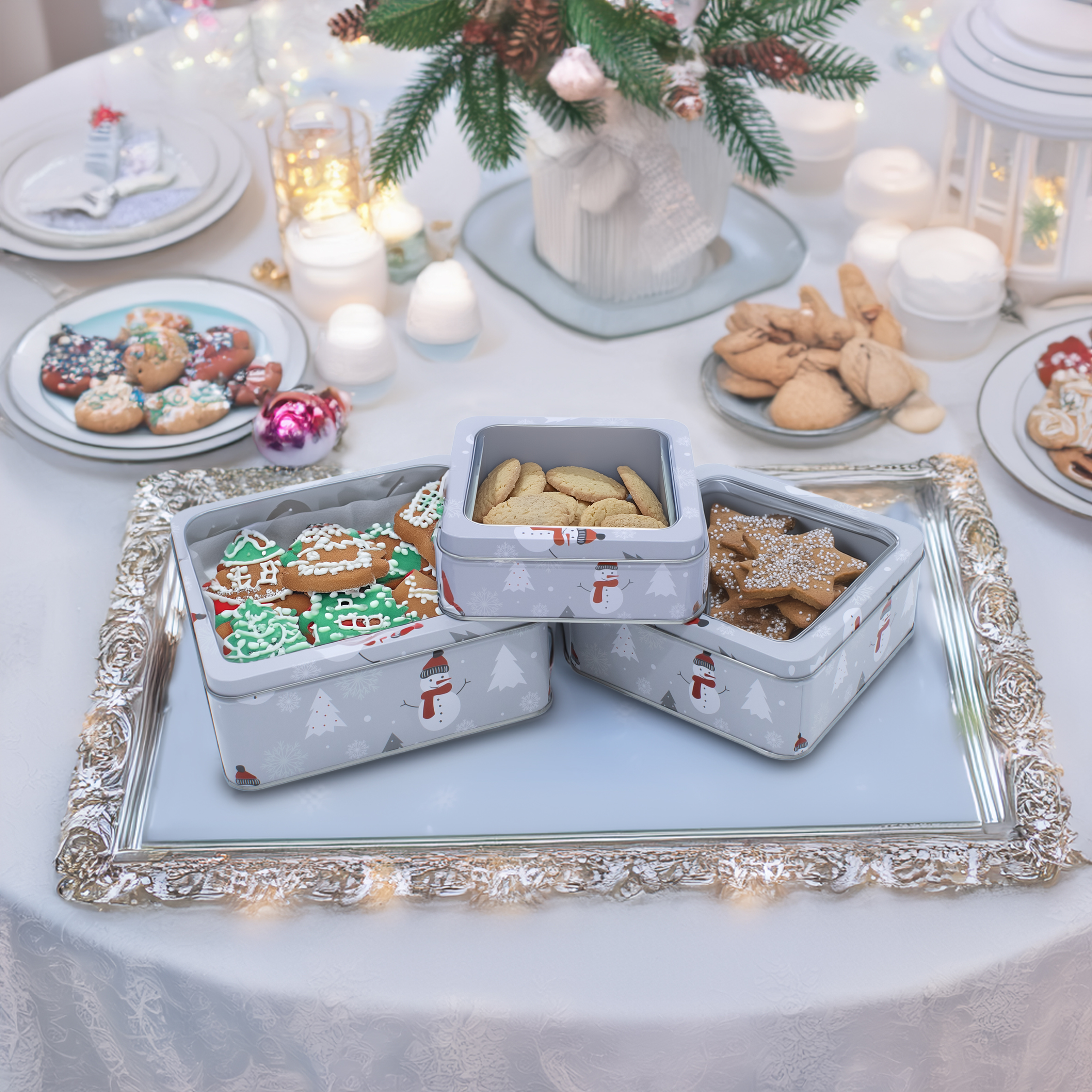 Metall Gebäckdose mit Sichtfenster 3er Set eckig -  21 / 17 / 15 cm - Weihnachts Plätzchen Vorratsdose mit Schneemann Motiv