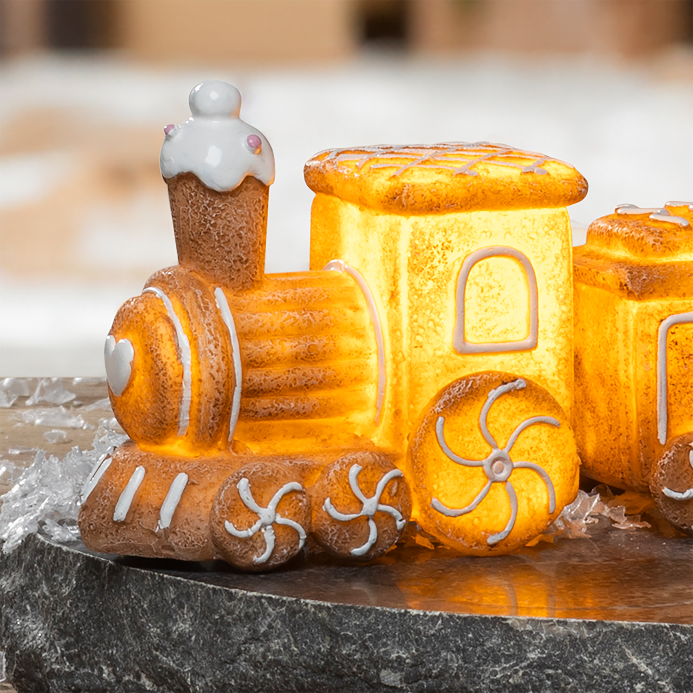 LED Lebkuchen Weihnachtszug Aufsteller warm weiß - 4-teilig - Deko Zug beleuchtet Batterie betrieben