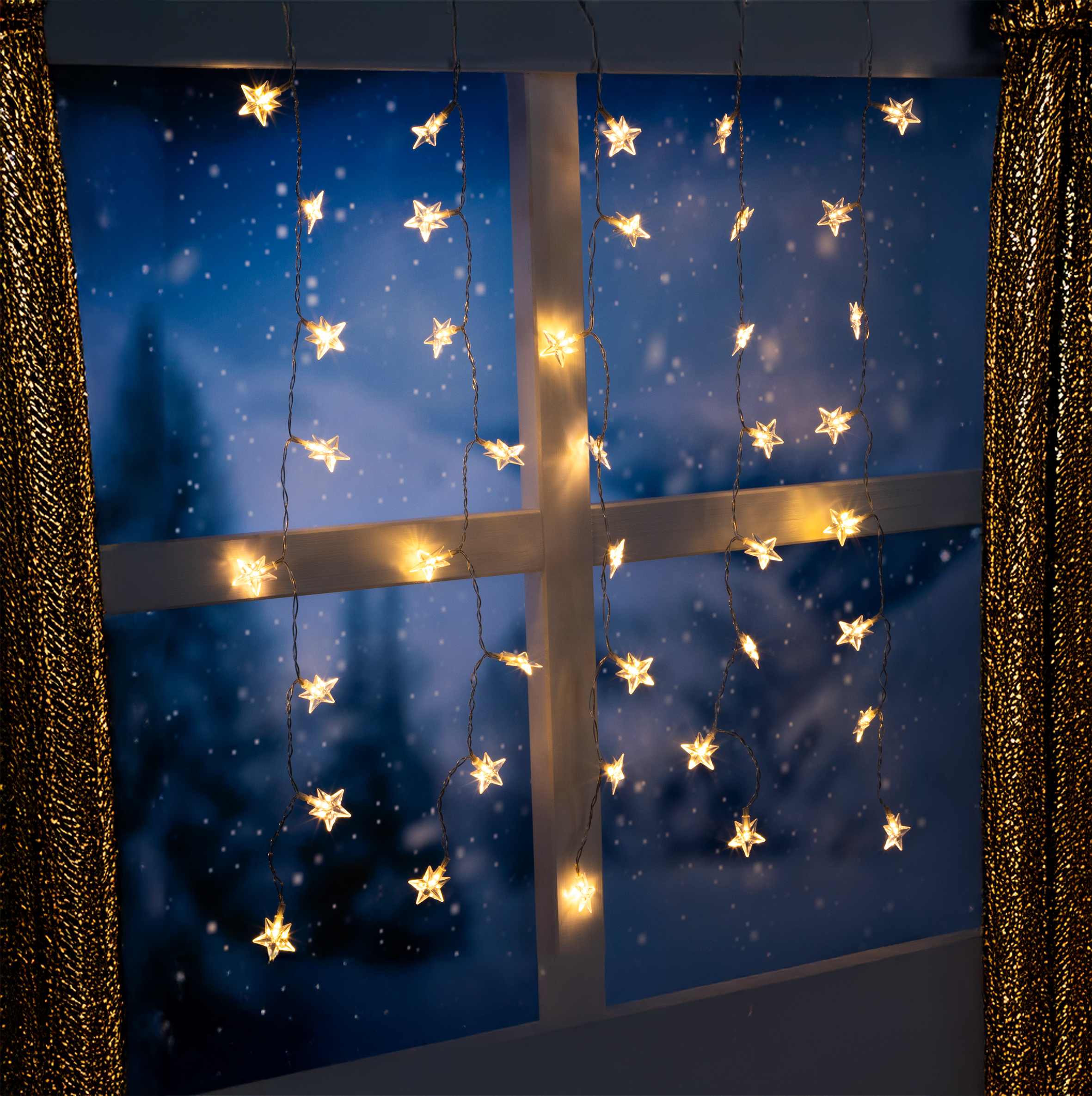 LED Sternenvorhang warm weiß mit Timer für Außen und Innen - 80 x 60 cm - Lichterkette mit 40 beleuchteten Sternen Batterie betrieben