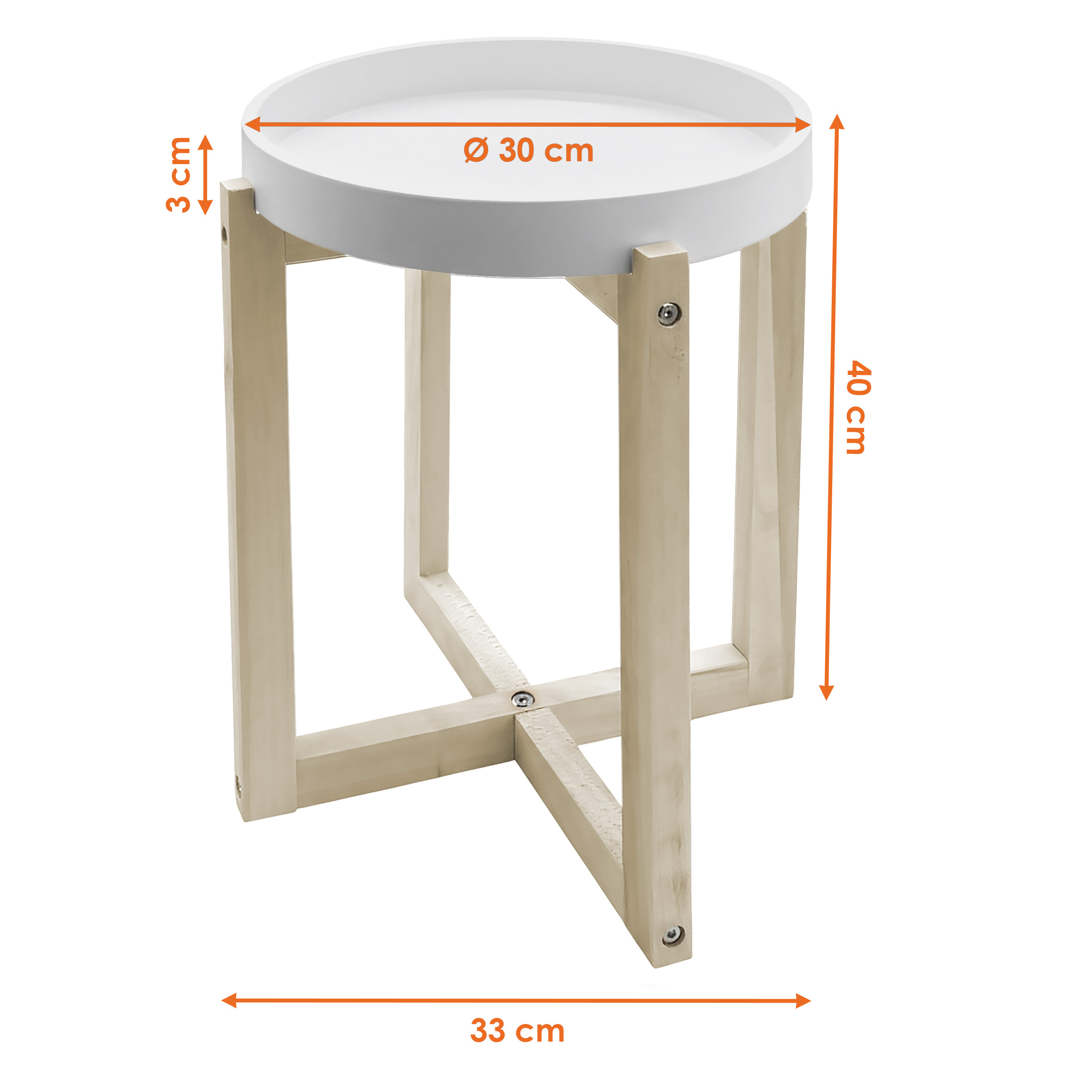 Holz Beistelltisch rund mit Tischplatte im Tablett Design 30 cm - weiß - Deko Blumentisch mit naturbelassenem X-Gestell