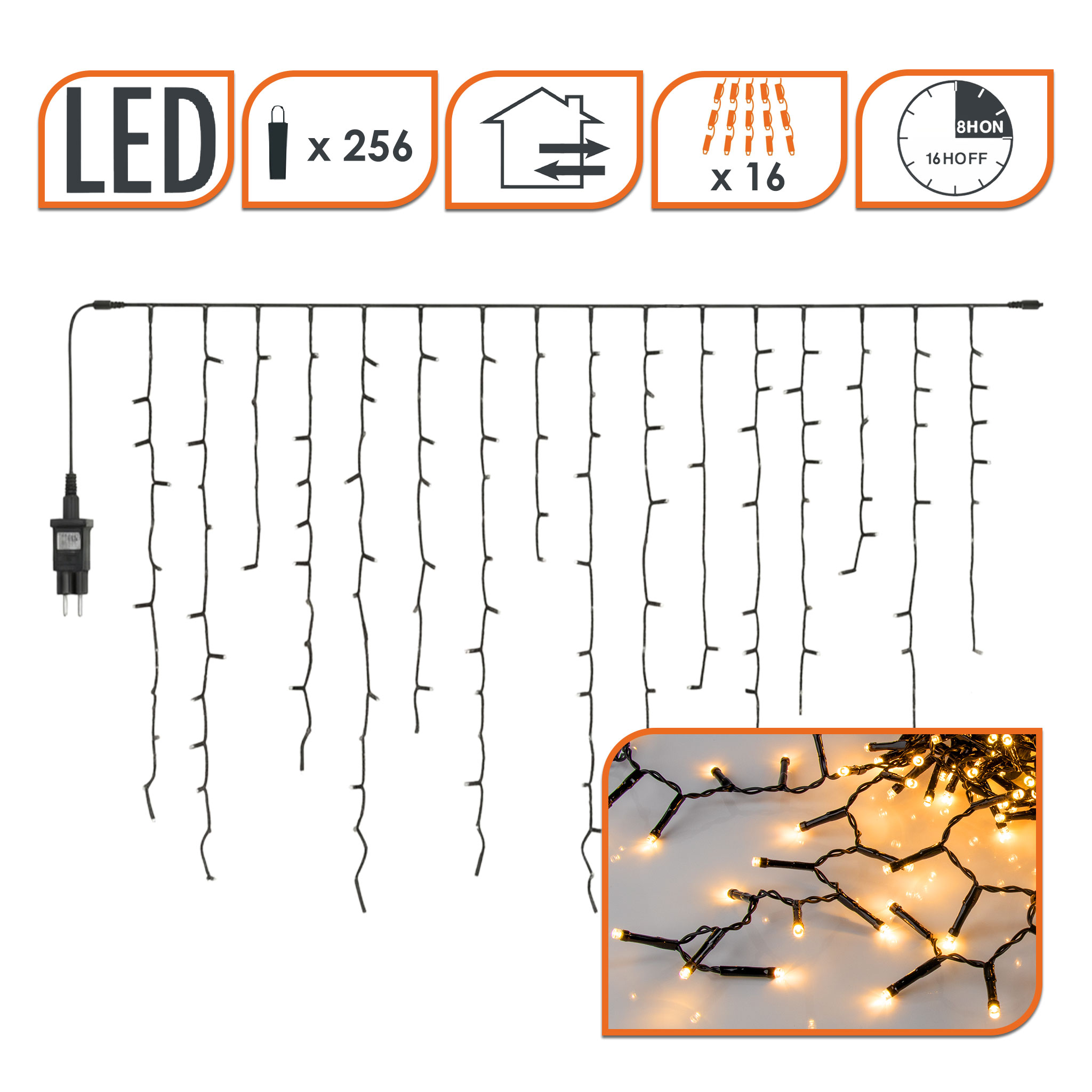 Eisregen Lichtervorhang warm weiß für Außen mit Stecker - 256 LED / 3,75 m - Eiszapfen Lichterkette mit 16 Lichtfäden flexibel erweiterbar