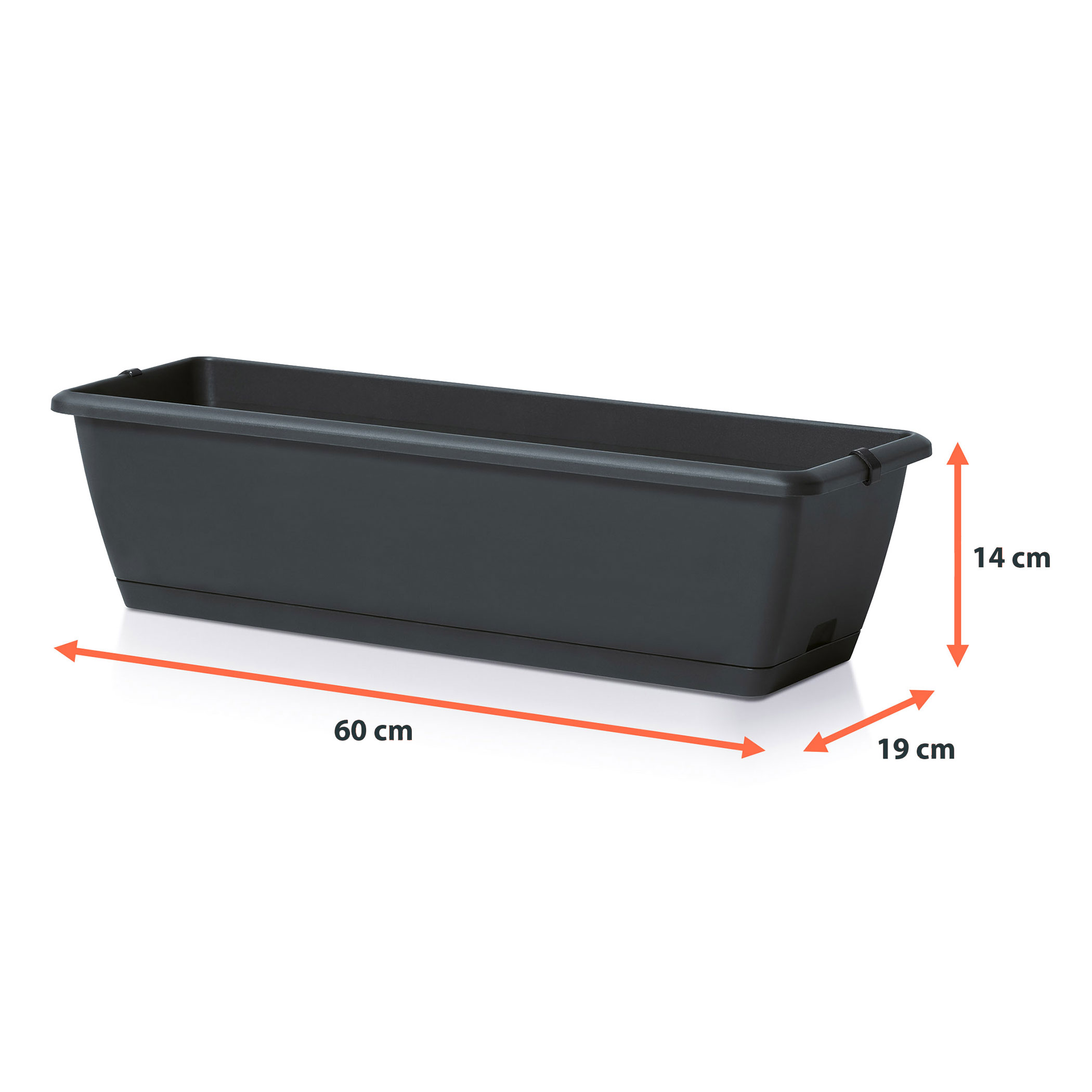 Balkon Blumenkasten mit Halterung und Bewässerungssystem - 40 cm oder 60 cm - Kunststoff Geländer Pflanztopf in anthrazit - Blumentopf Pflanzkasten zum Einhängen mit Wasserablauf