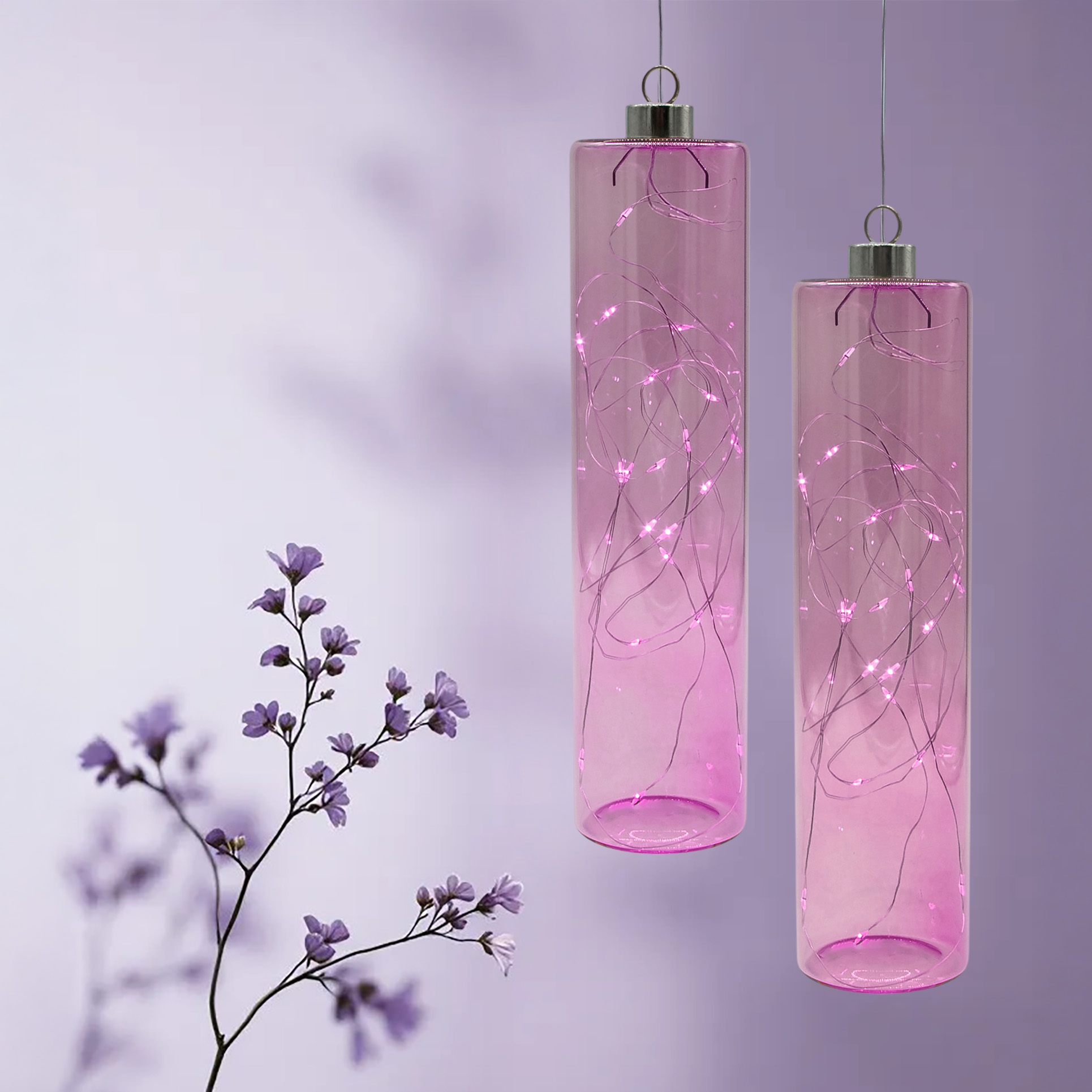 LED Glas Pendelleuchte Lavendel lila mit Timer - 24 x 6 cm - Hängelampe Batterie betrieben warm weiß beleuchtet