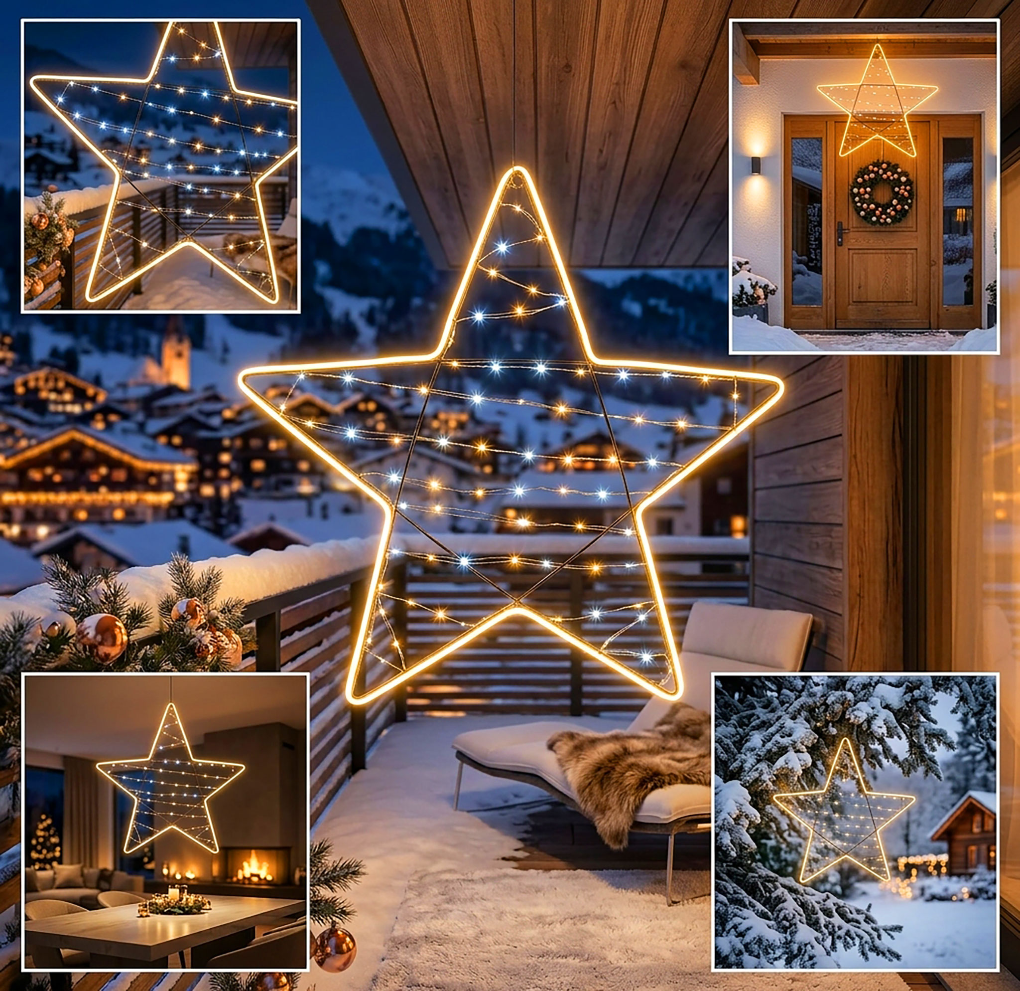 Metall Leuchtstern 80 LEDs mit Timer und Netzteil für Außen - 62 cm - Weihnachtsstern beleuchtet im warm & kalt weiß Mix mit LED Band