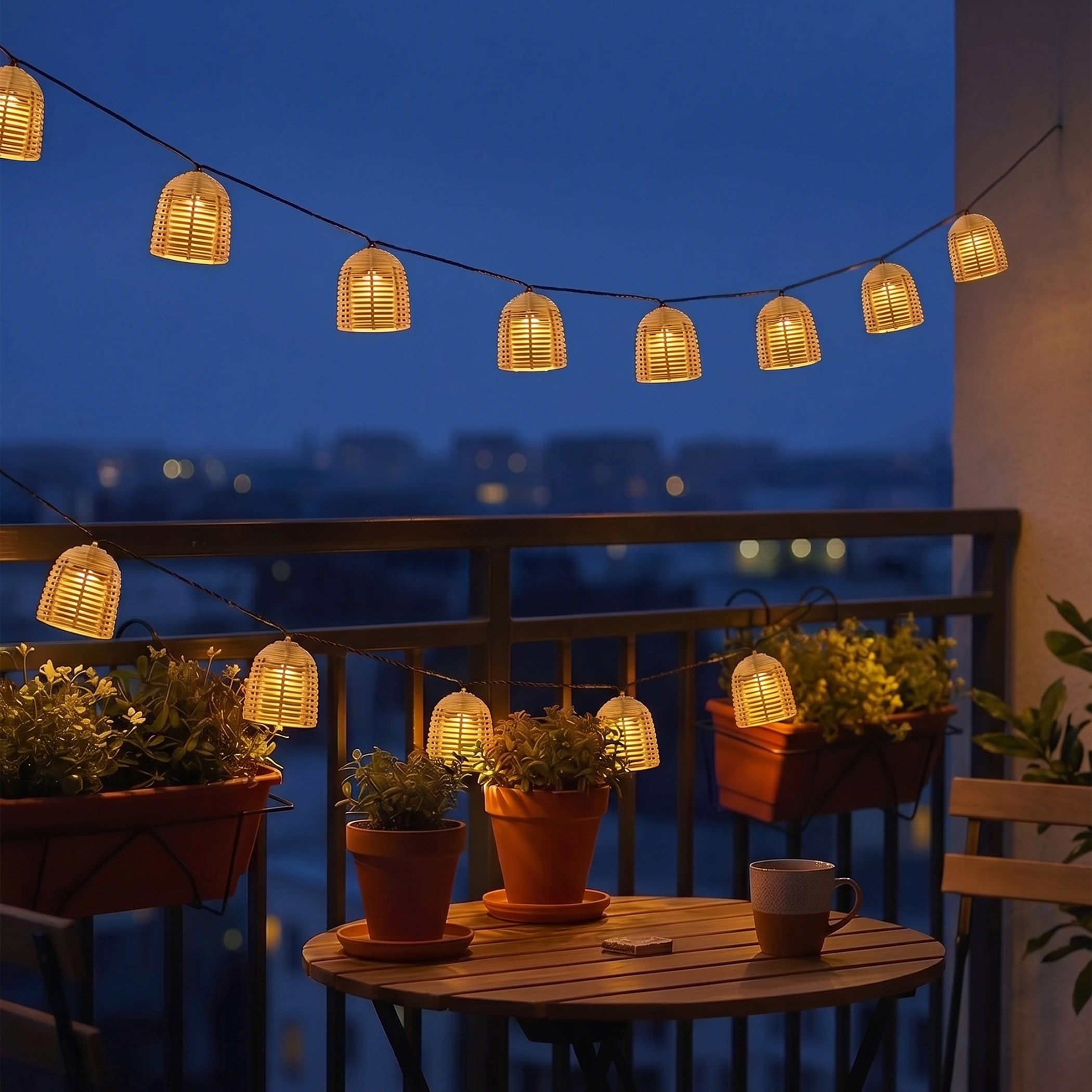 LED Solar Lichterkette 10 Lampions in Rattan Optik mit 7 Funktionen - 380 cm - LED Garten Deko Beleuchtung warm weiß