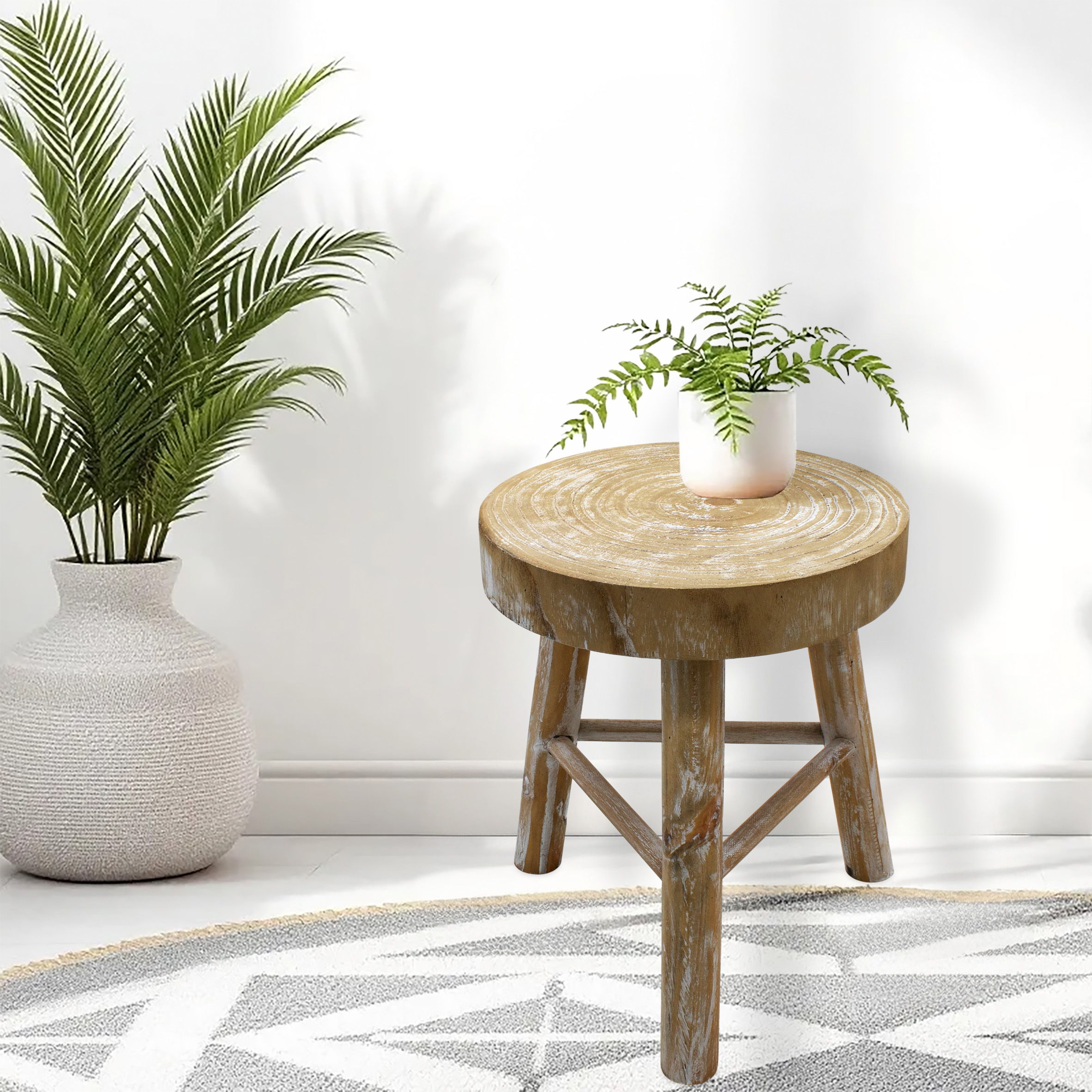 Holz Blumenhocker mit 3 Beinen white washed - Ø 35 cm - Massivholz Deko Hocker rund Shabby Chic