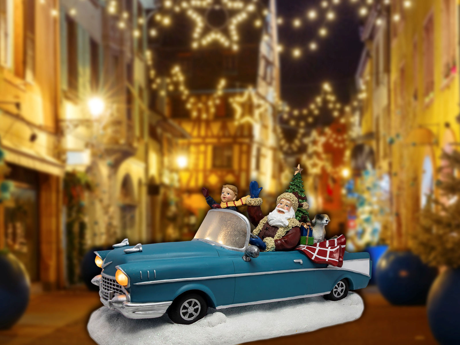 LED Weihnachts Szene "Weihnachtsmann im Oldtimer" - 2 Modelle - Tisch Deko mit Sound Bewegung und Beleuchtung