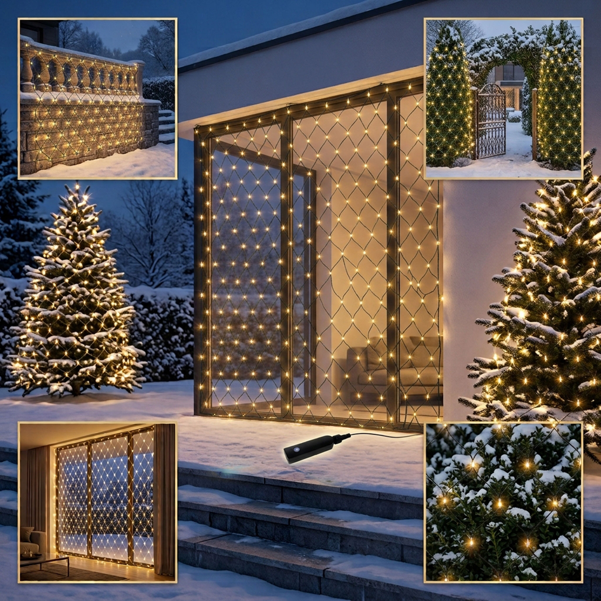Powerbank Lichternetz 3 x 3 m mit Timer für Außen & Innen - 200 LEDs - Akku Lichtervorhang warm weiß bis 60 Stunden Leuchtdauer mit 8 Funktionen