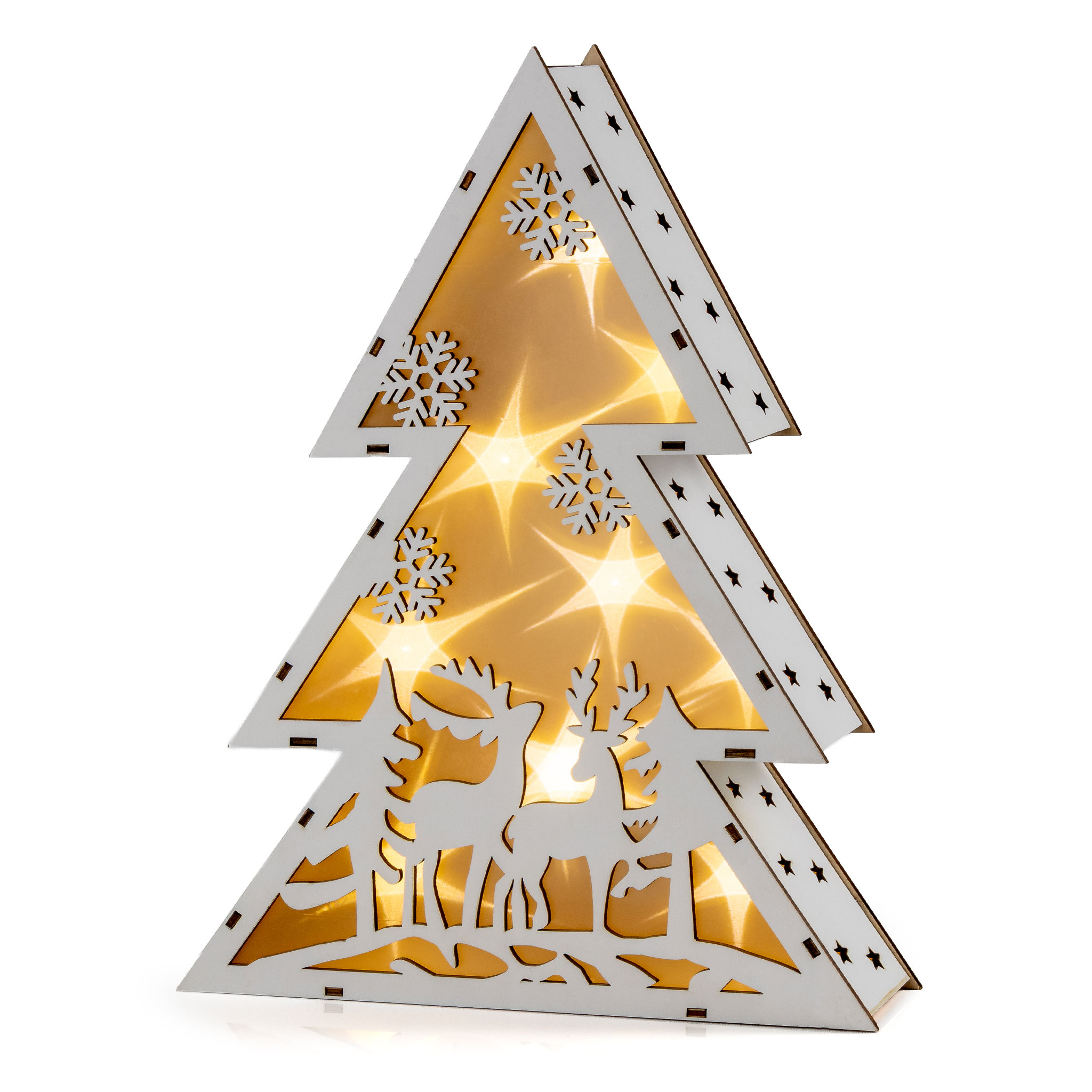LED Tisch Aufsteller aus Holz 30 cm - 4 Motive wählbar - Weihnachts Deko Stern oder Tanne mit Weihnachts Motiven warm weiß beleuchtet