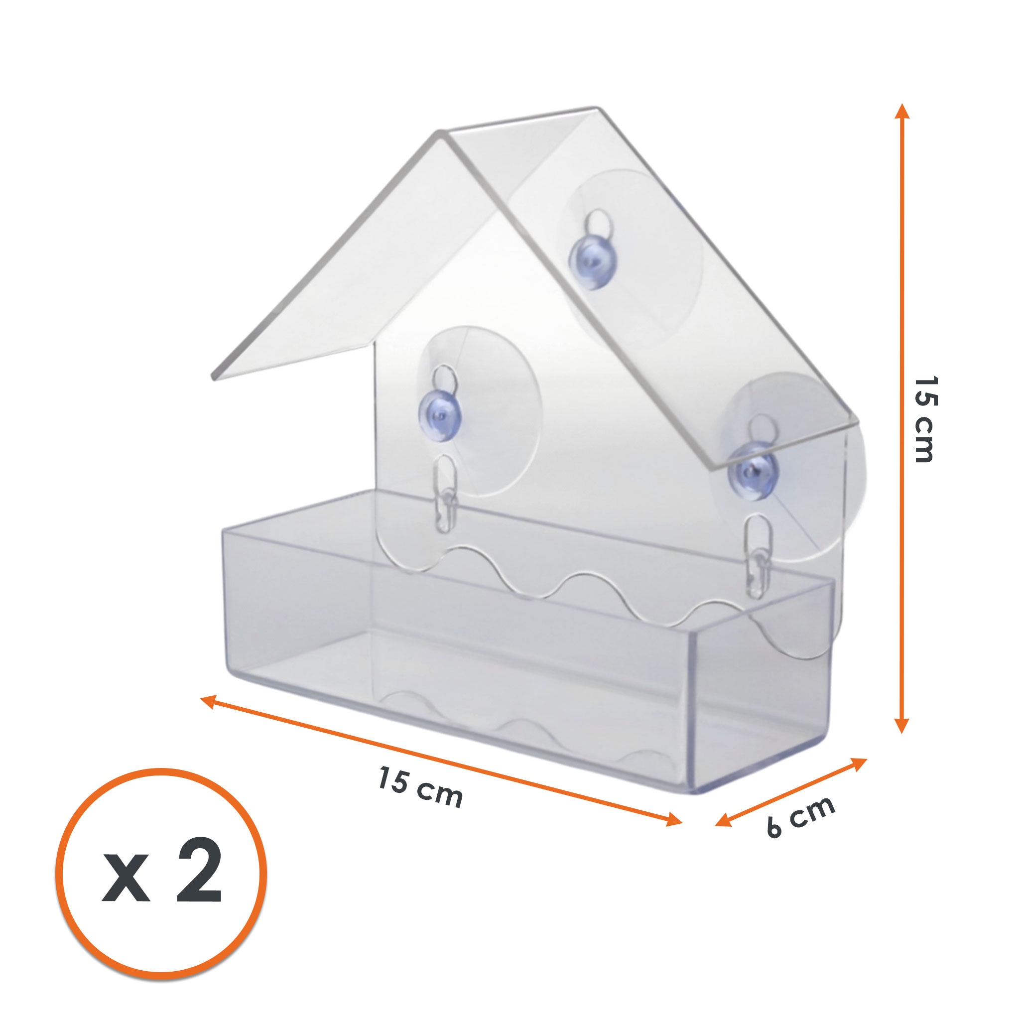 Fenster Futterhäuschen für Vögel 15 x 15 cm - 2er Set - Transparentes Vogelhäuschen mit Saugnäpfen