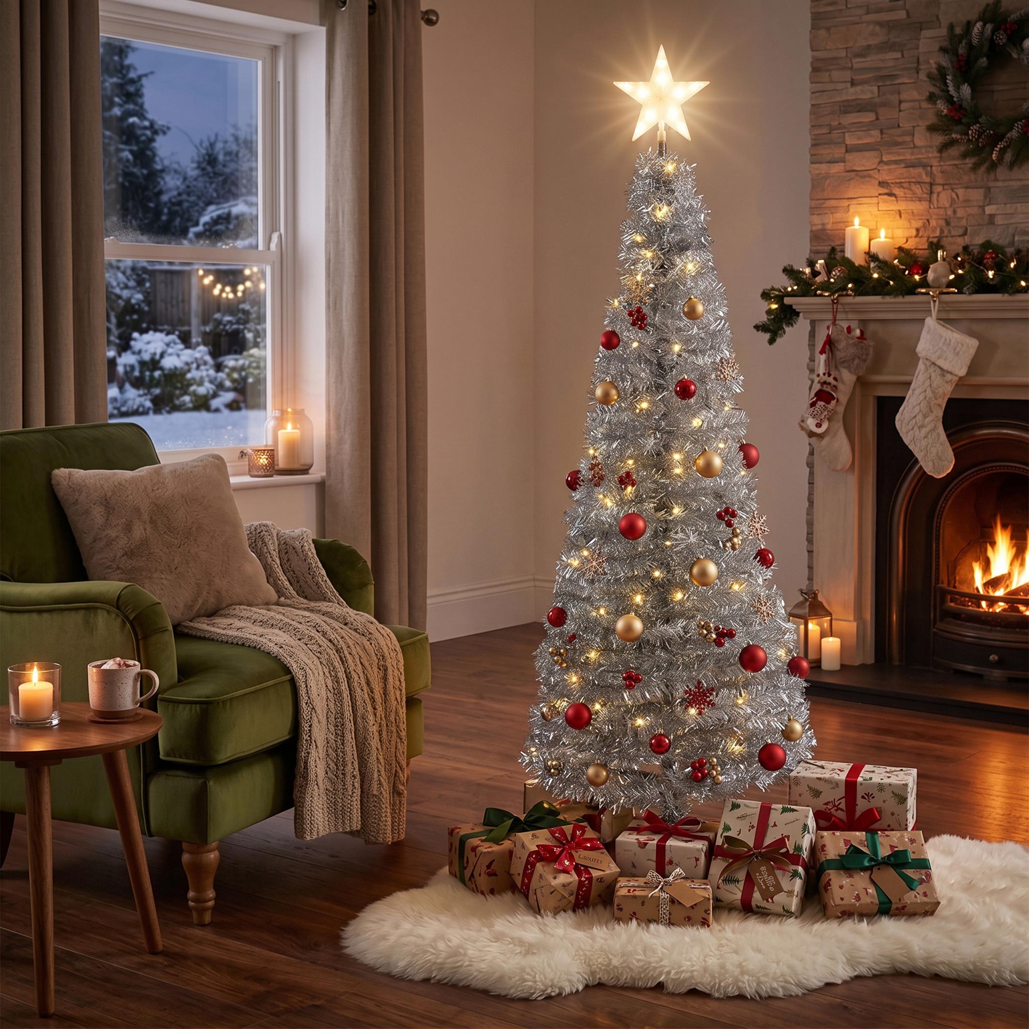 Spiral Weihnachtsbaum 150 cm mit 120 LED und Stern Spitze - grün oder silber - Künstlicher Tannenbaum warm weiß beleuchtet für Außen und Innen
