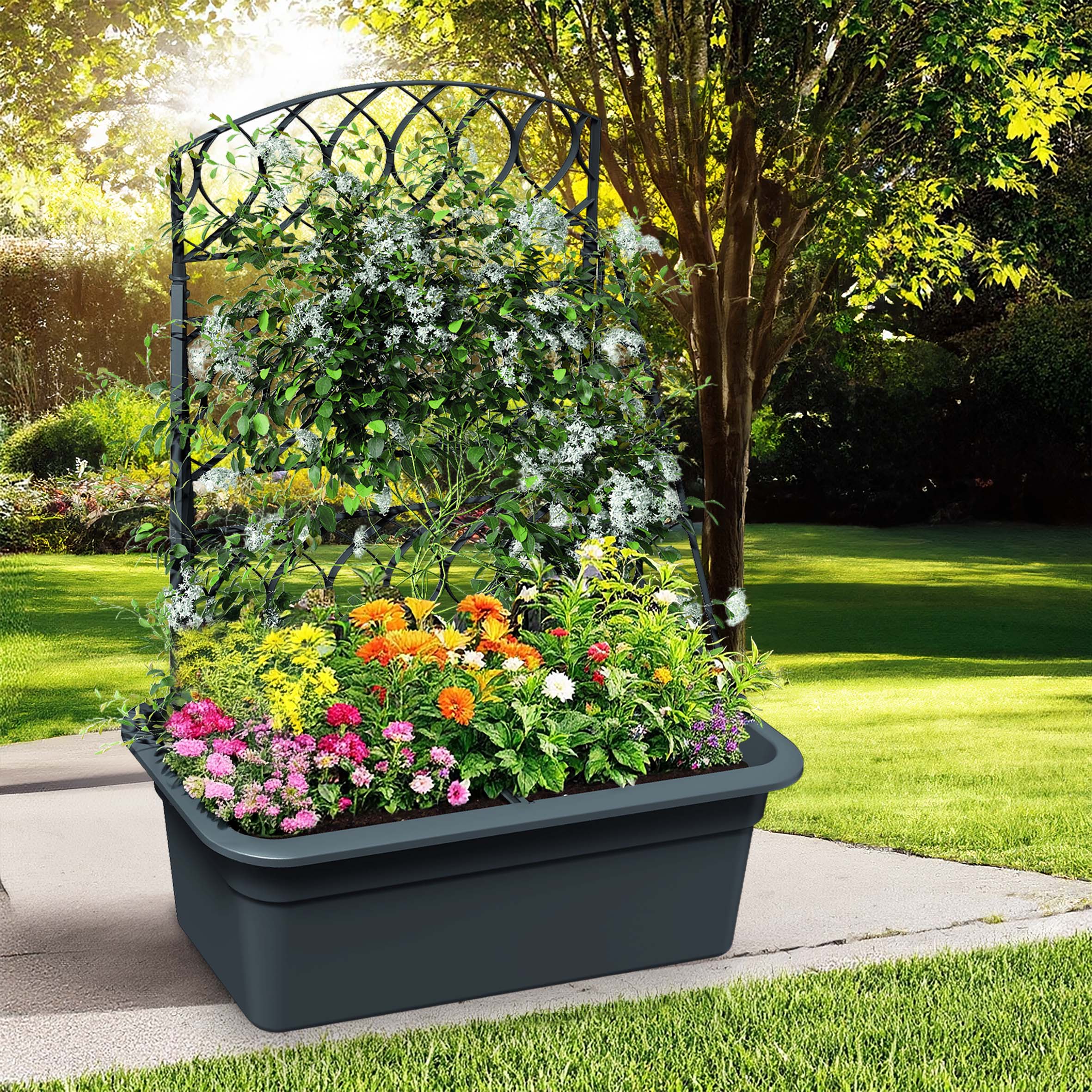 Kunststoff Blumenkasten anthrazit mit Rankgitter - 80 x 59 cm - Garten Pflanztopf grau mit Kletterhilfe