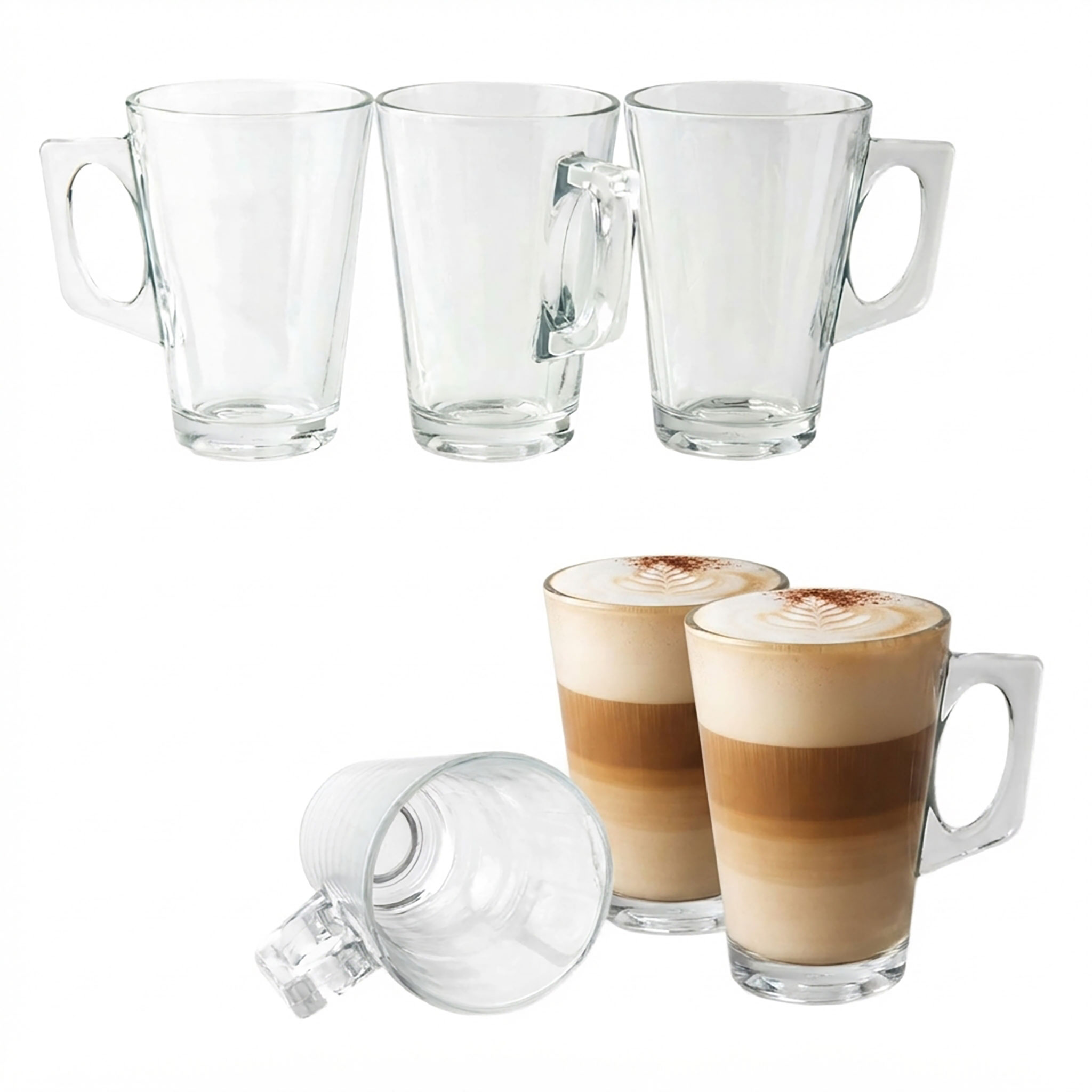 Cappuccino Glas konisch mit Henkel 255 ml - 6er Set - Latte Macchiato Kaffeeglas klar mit Griff