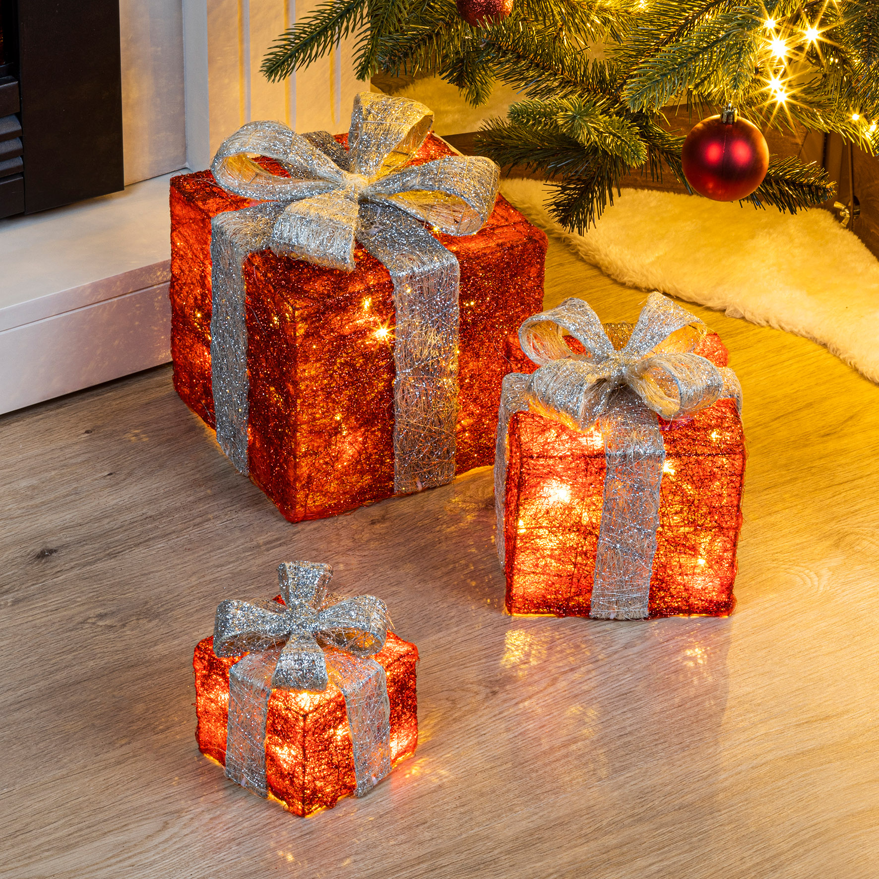 LED Geschenkboxen mit Timer 3er Set - Farbe wählbar - Weihnachts Deko Boxen warm weiß beleuchtet