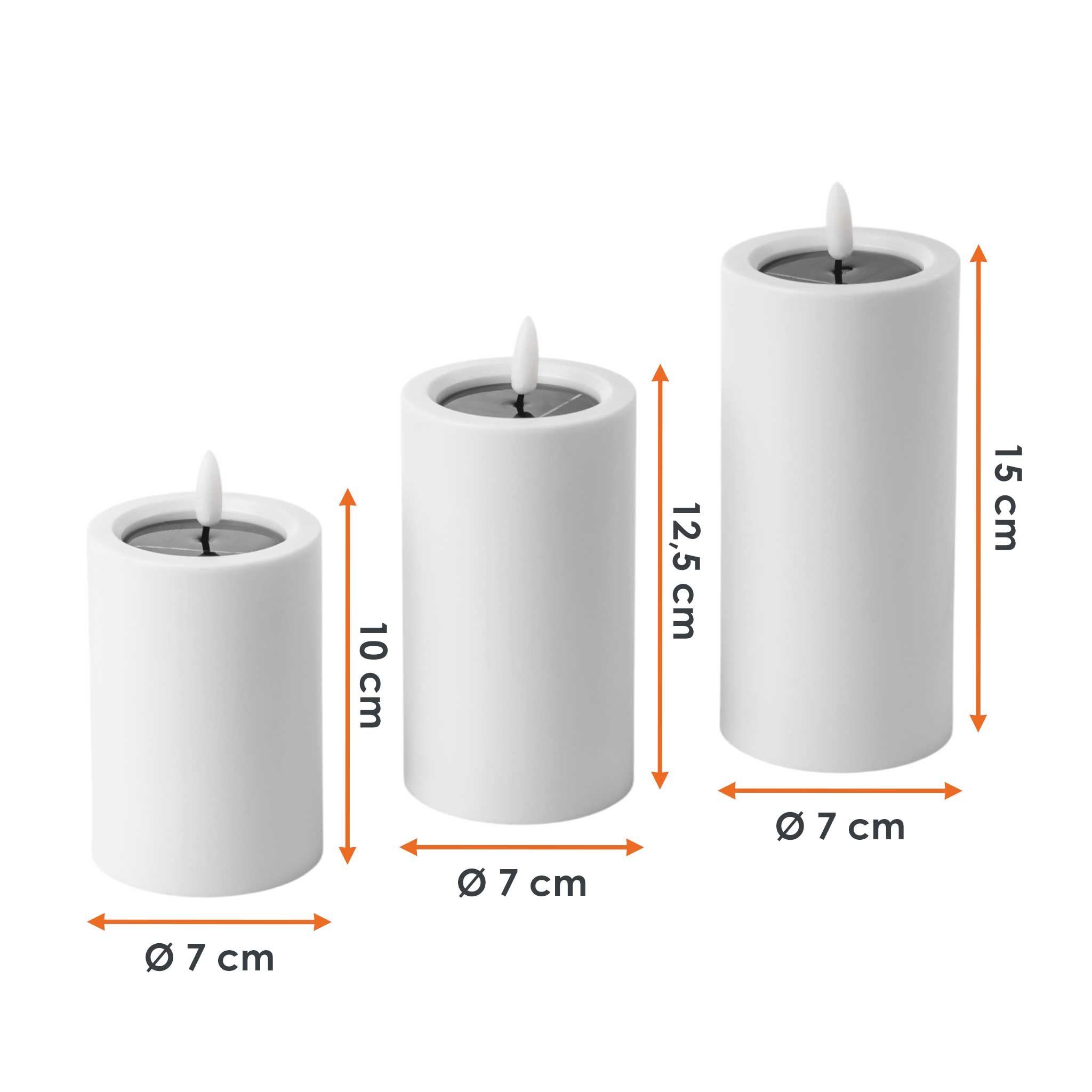 Solar LED Stumpenkerzen mit Flammen Effekt 3er Set - 15 / 12 / 10 cm - Künstliche Kerze warm weiß für Außen mit Flackereffekt
