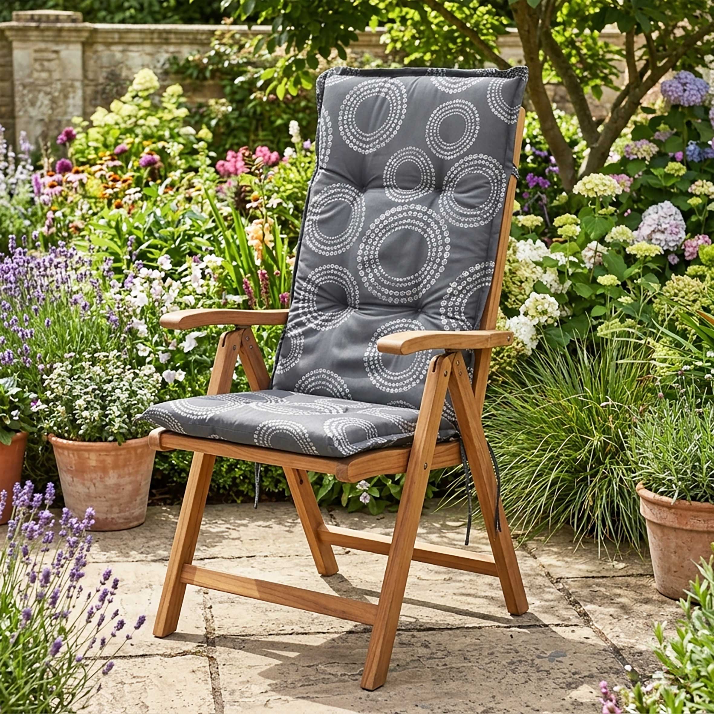 Universal Hochlehner Auflage "Kreise" - 123 cm - Gartenstuhl Kissen in grau