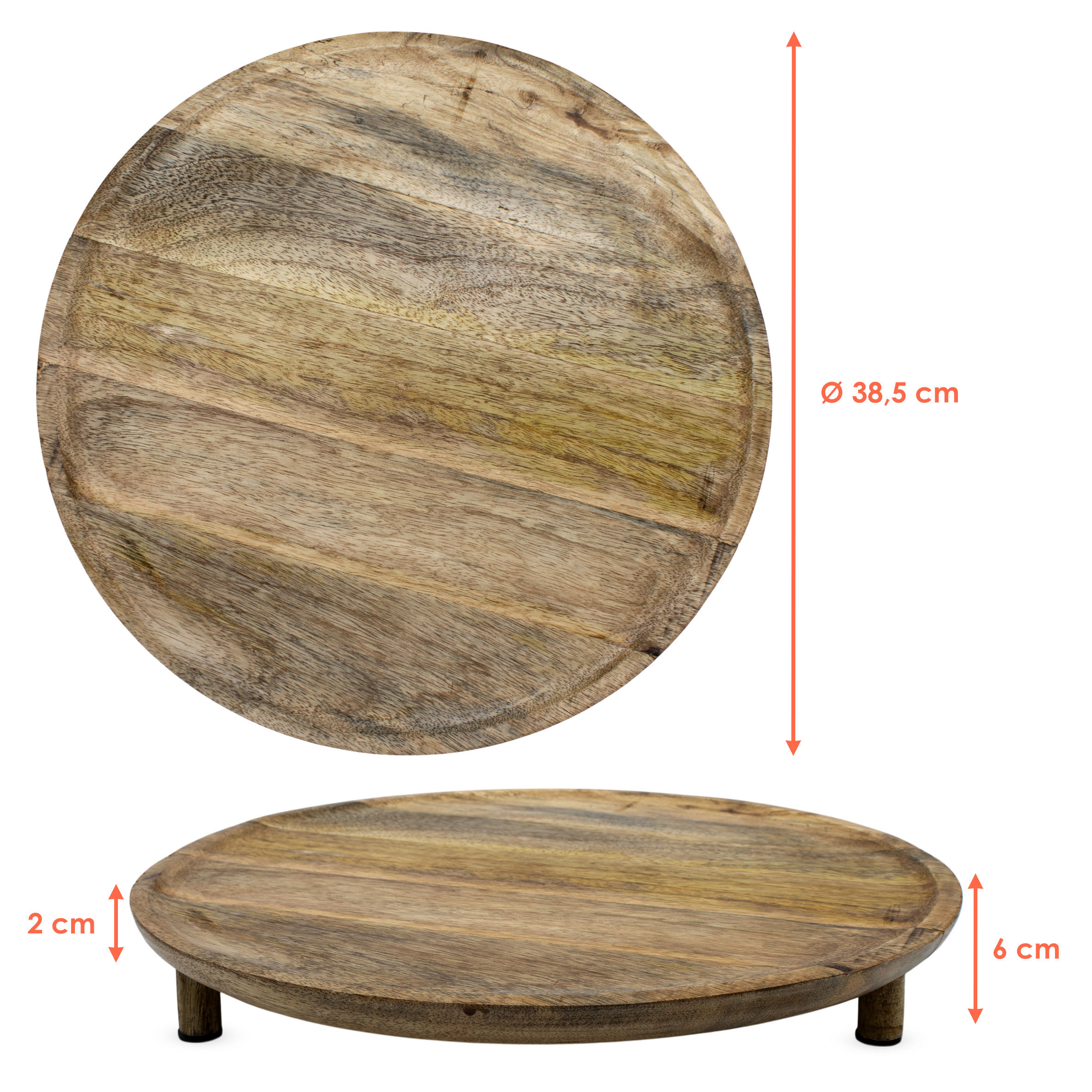 XL Mango Servierplatte rund auf Füßen - 38 cm - Massivholz Kerzenteller groß