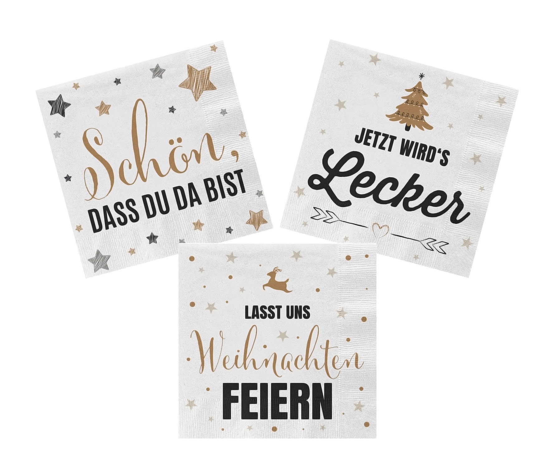Servietten 60 Stück mit 3 verschiedenen Motiven - Weihnachten - Tischdeko Papierservietten 3er Set mit Spruch