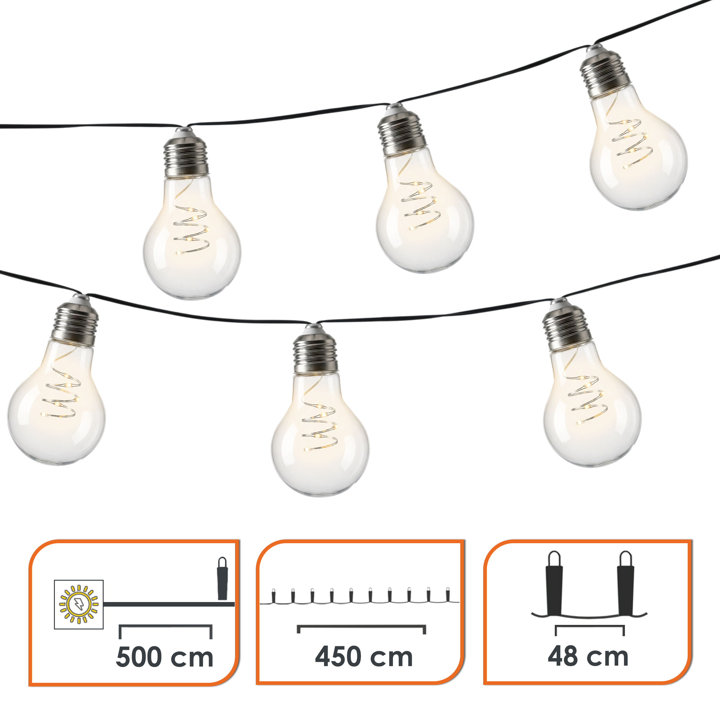 LED Solar Lichterkette mit 10 Glühbirnen auf 450 cm mit 2 Leuchtmodi - warm weiß - Garten Deko Beleuchtung mit transparenten Lampen