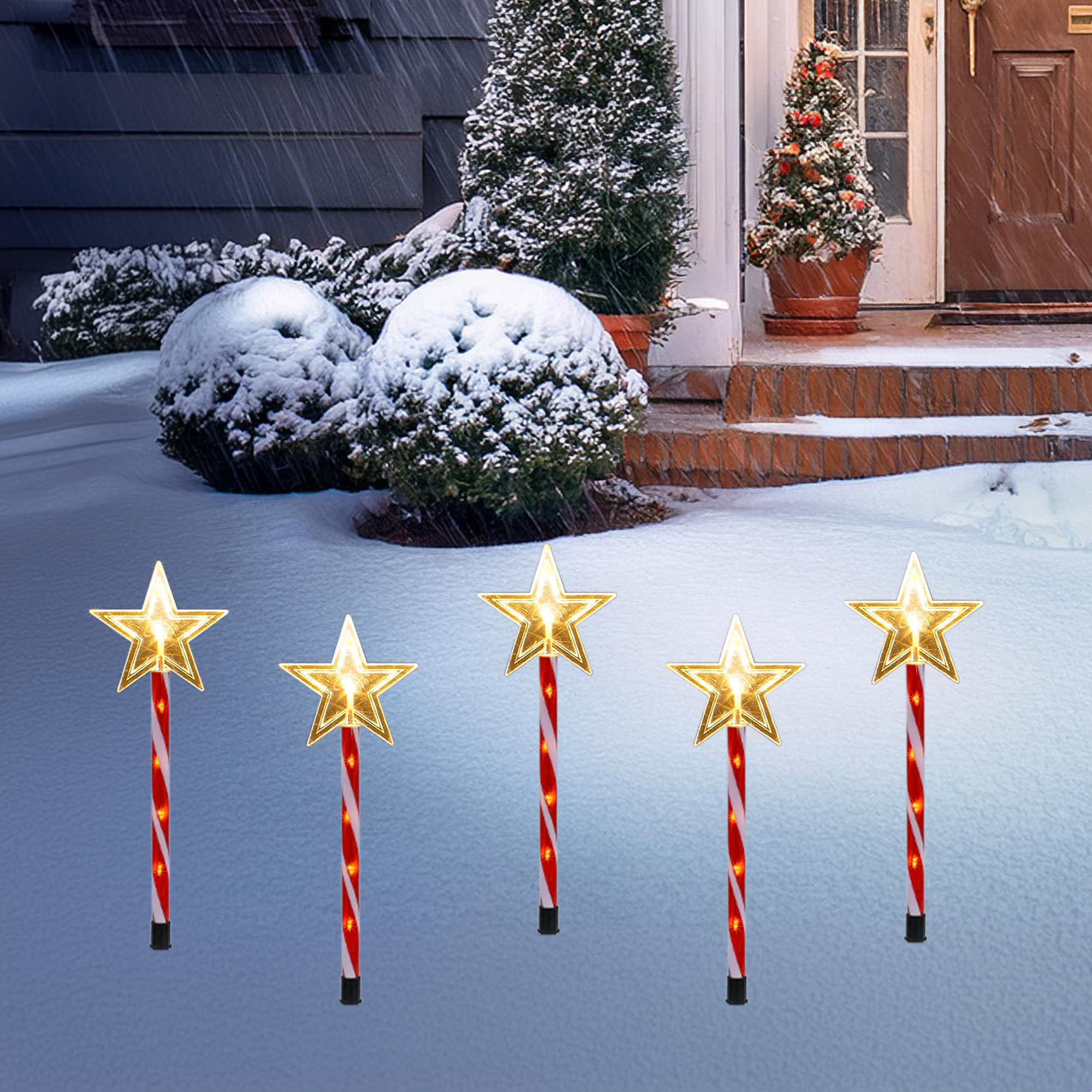 LED Gartenstecker 5er Set Stern rot / weiß mit Timer - je 50 cm