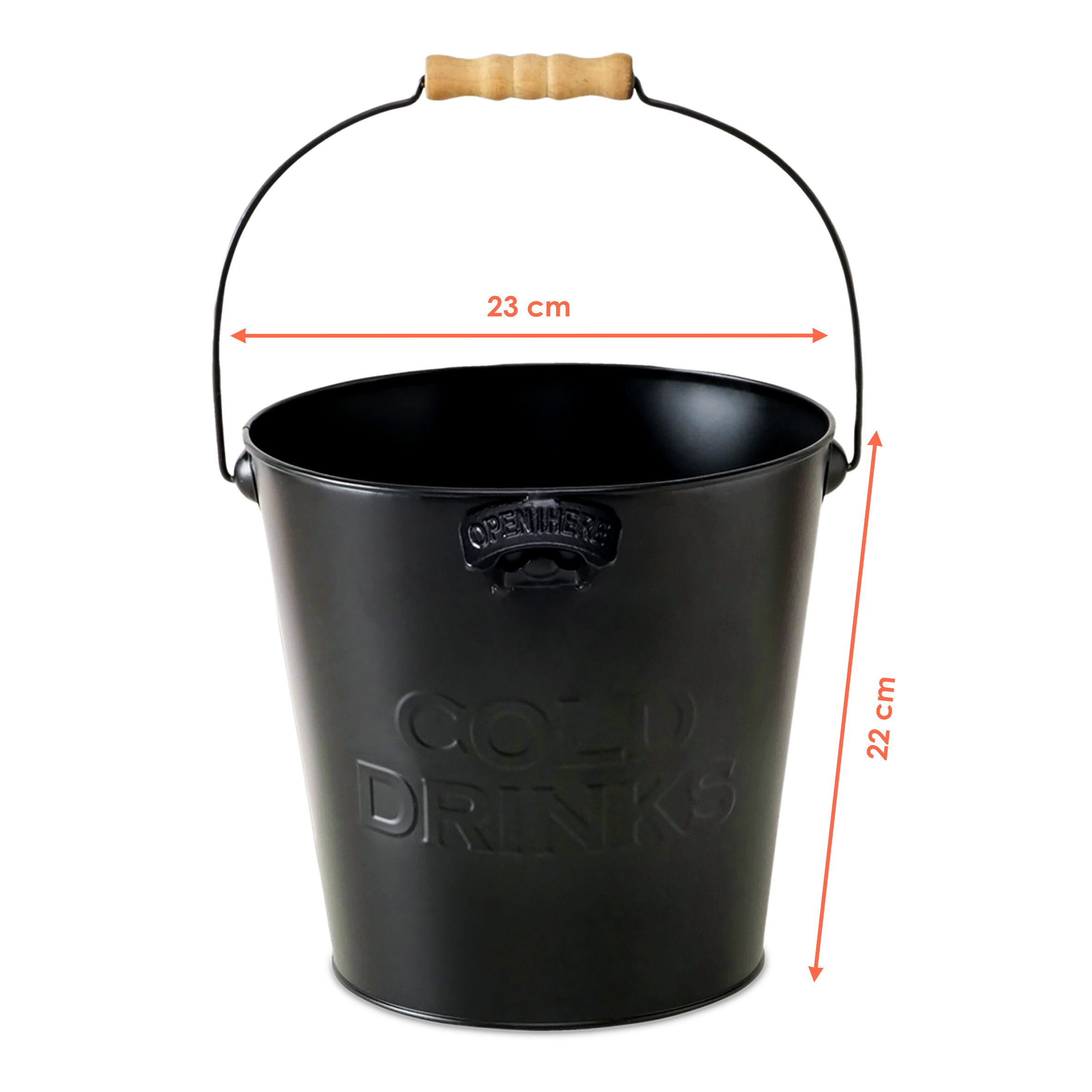 Zink Eiseimer mit integriertem Flaschenöffner - schwarz - Metall Getränkekühler 22 cm mit Holzgriff