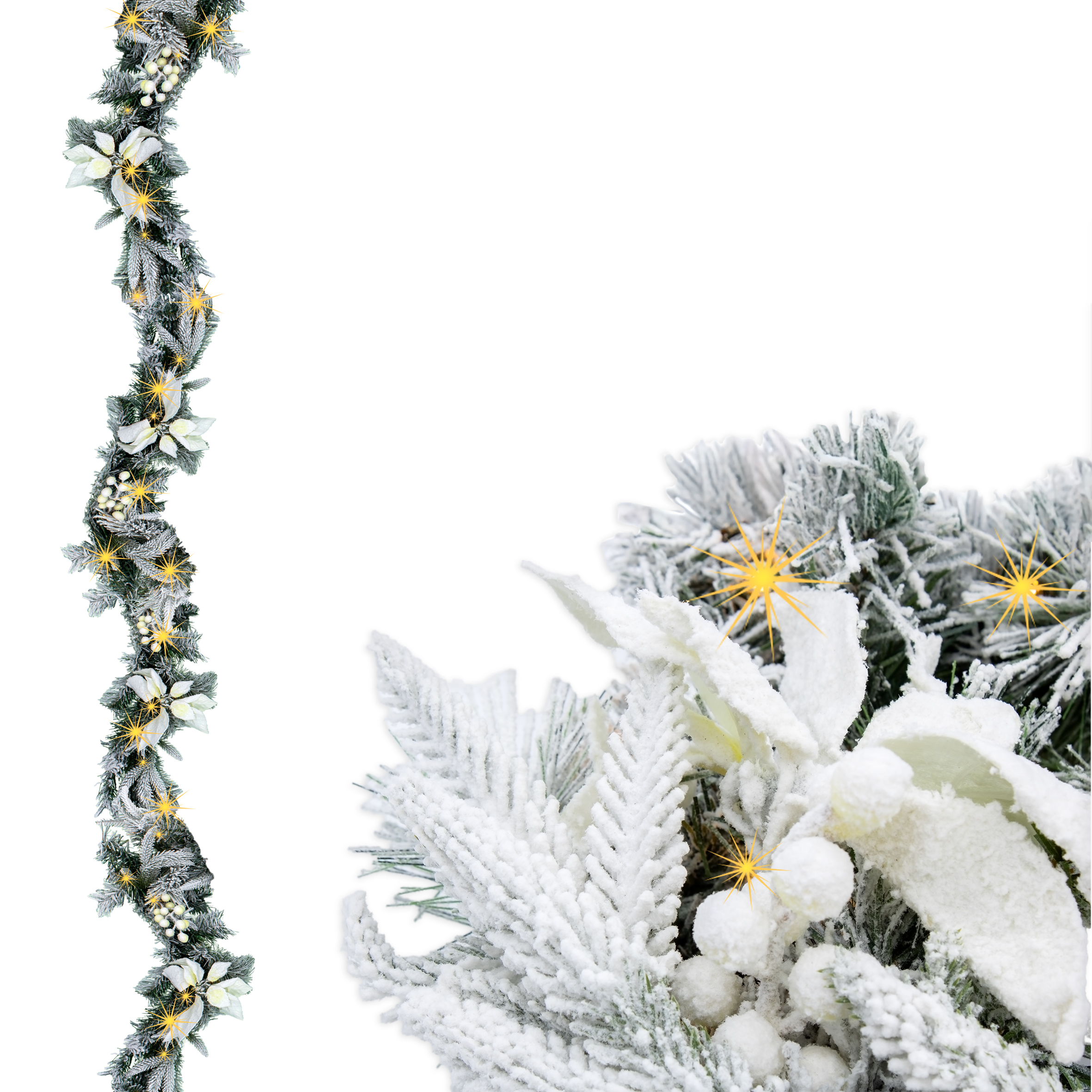 LED Tannengirlande mit Schnee und Blumen warm weiß beleuchtet - 274 cm / 50 LED - Weihnachtsgirlande Batterie betrieben mit Timer
