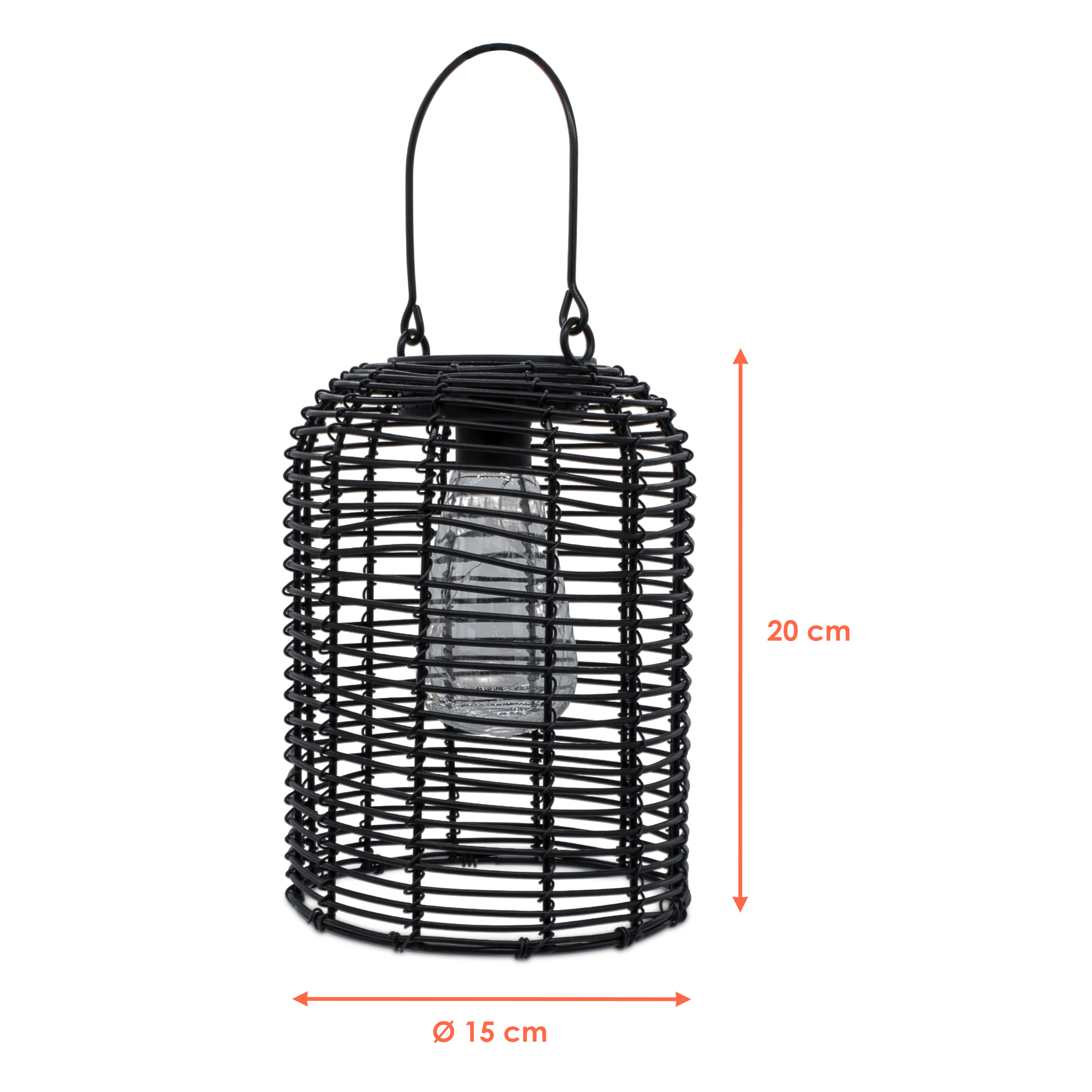 Solar Hängeleuchte in Rattan Optik schwarz mit LED Glühbirne - 20 x 16 cm - Deko Gartenlaterne zum Hängen warm weiß beleuchtet