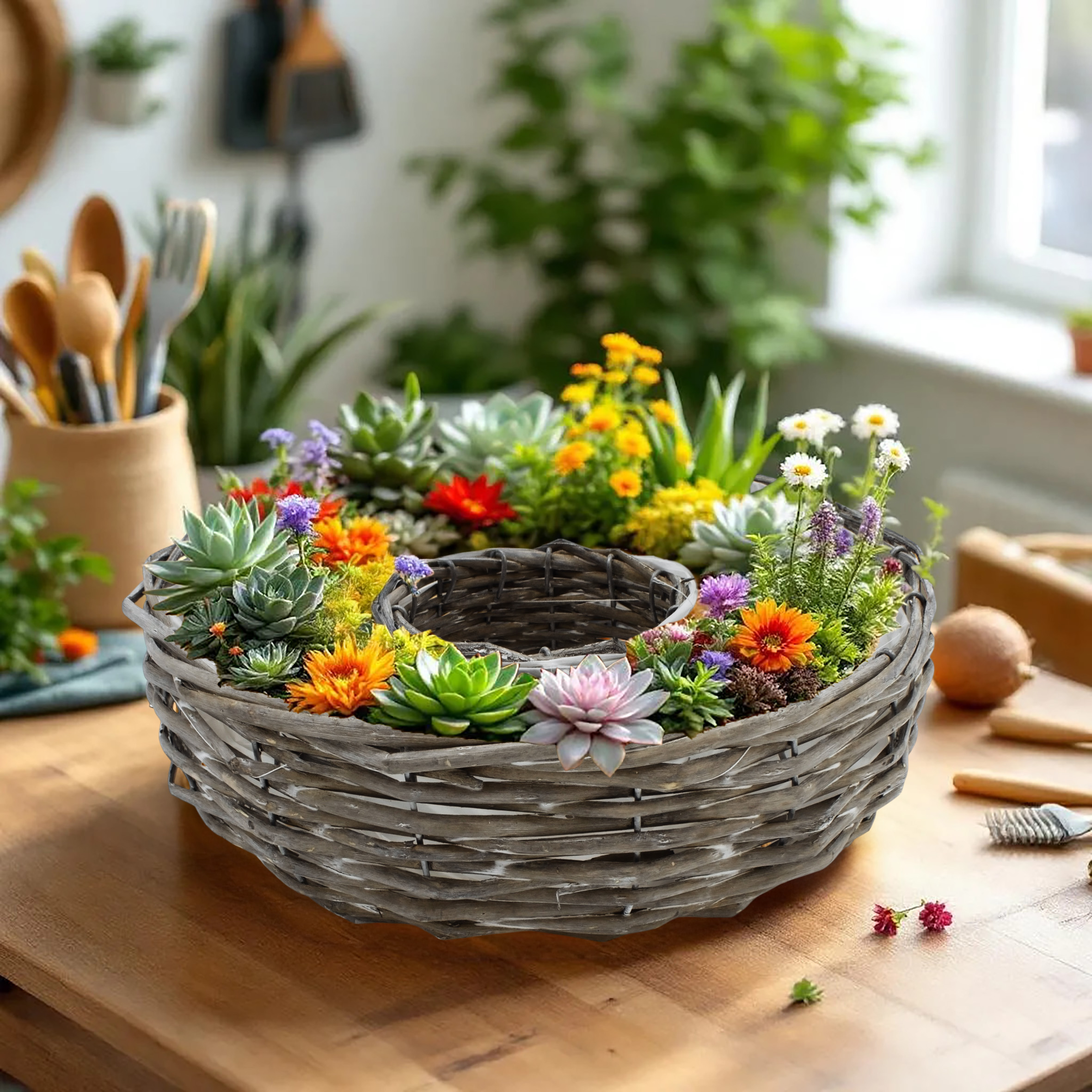 Rattan Pflanzring natur mit Folie 2er Set - 30 / 25 cm - Naturfaser Blumenschale zum direkten Bepflanzen