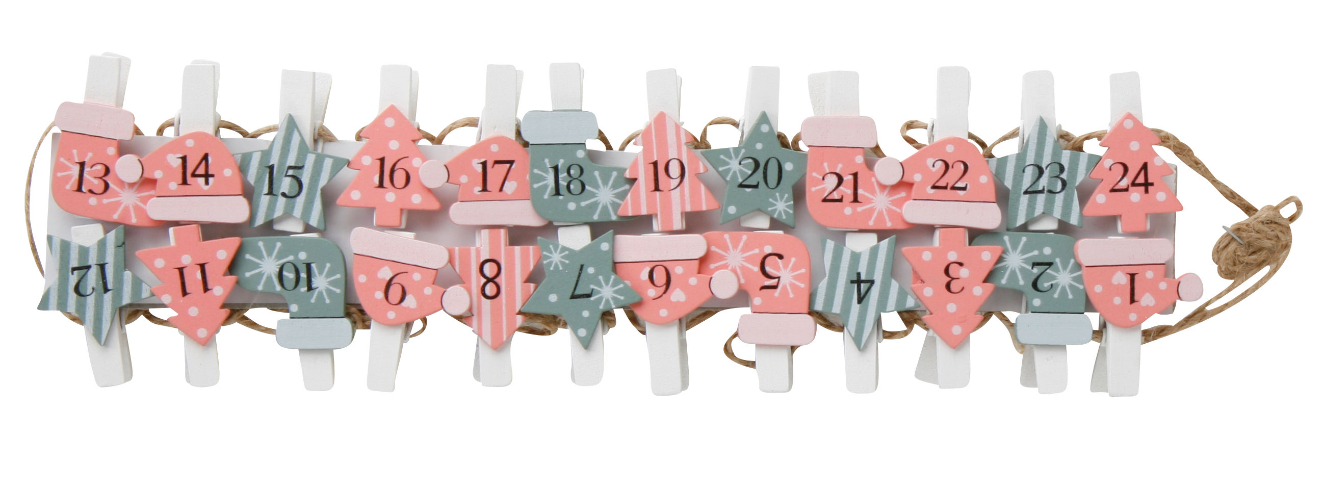 Adventskalender Zahlen auf Holz Klammer grün / pink - Adventskette mit 24 Clips