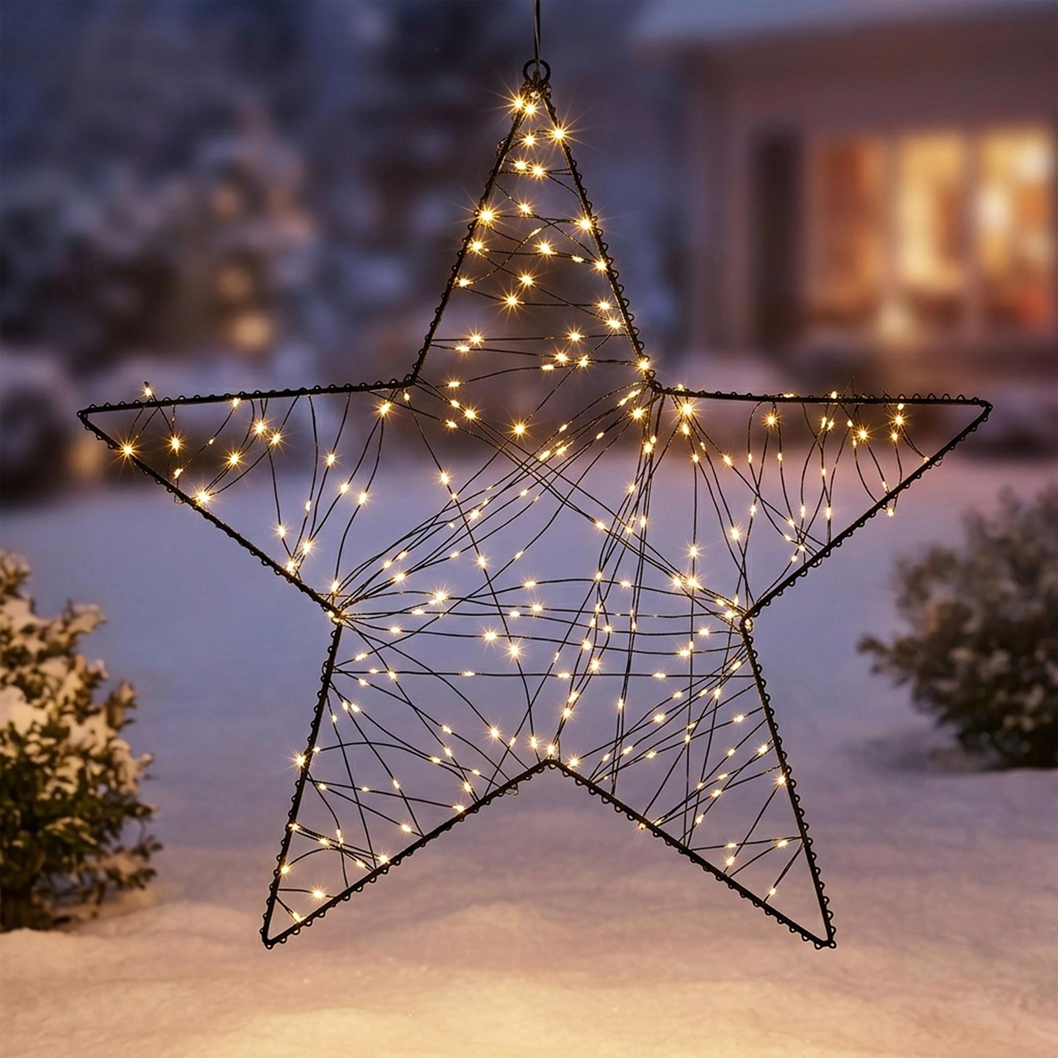 Metall Leuchtstern schwarz mit Twinkle Effekt dimmbar für Außen mit Timer - 30 cm - Stern Silhouette mit funkelnden 200 LEDs in warm weiß mit Netzteil