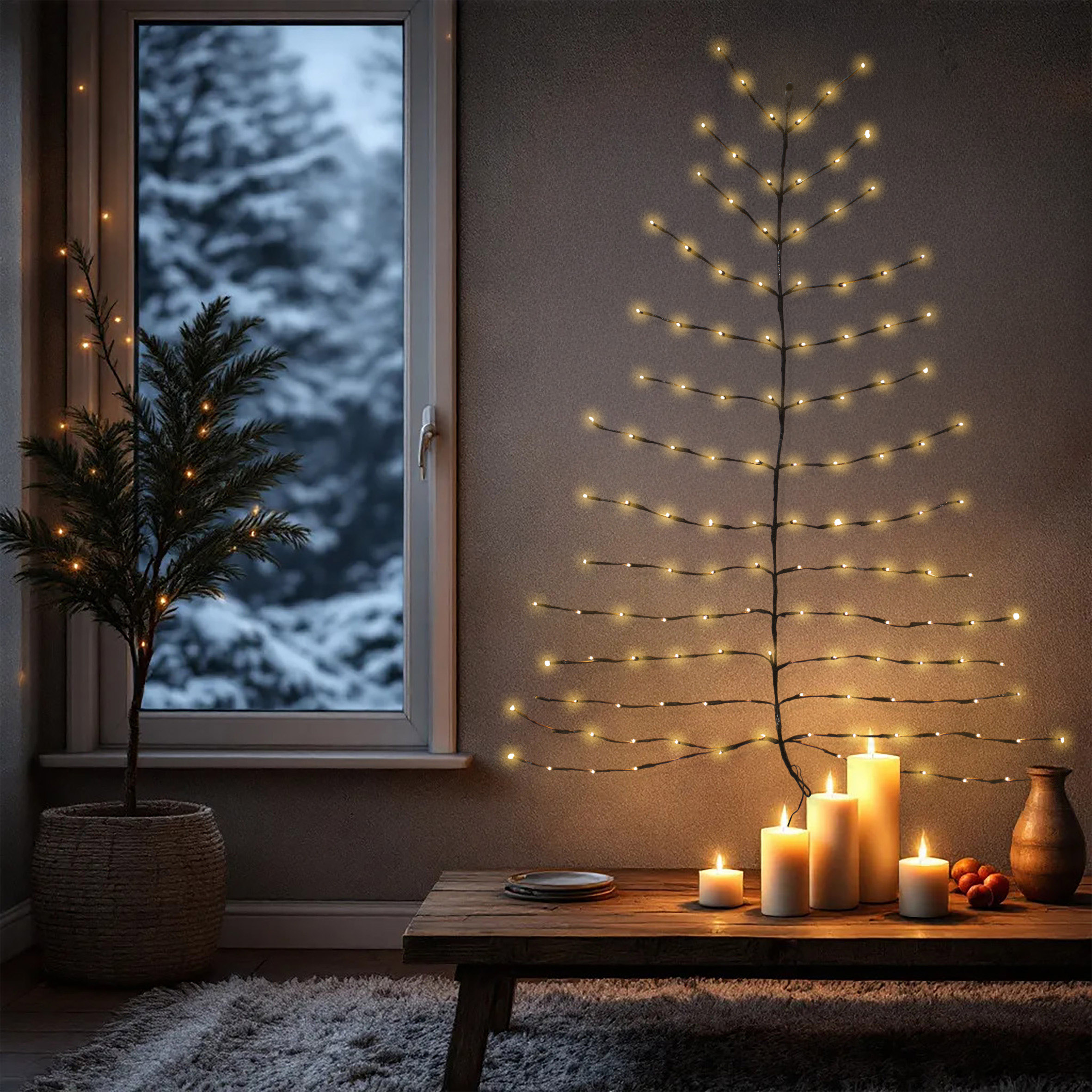 LED Weihnachtsbaum Wandbild für Außen mit Netzstecker - 136 LED - Wandbaum 120 x 100 cm warm weiß beleuchtet