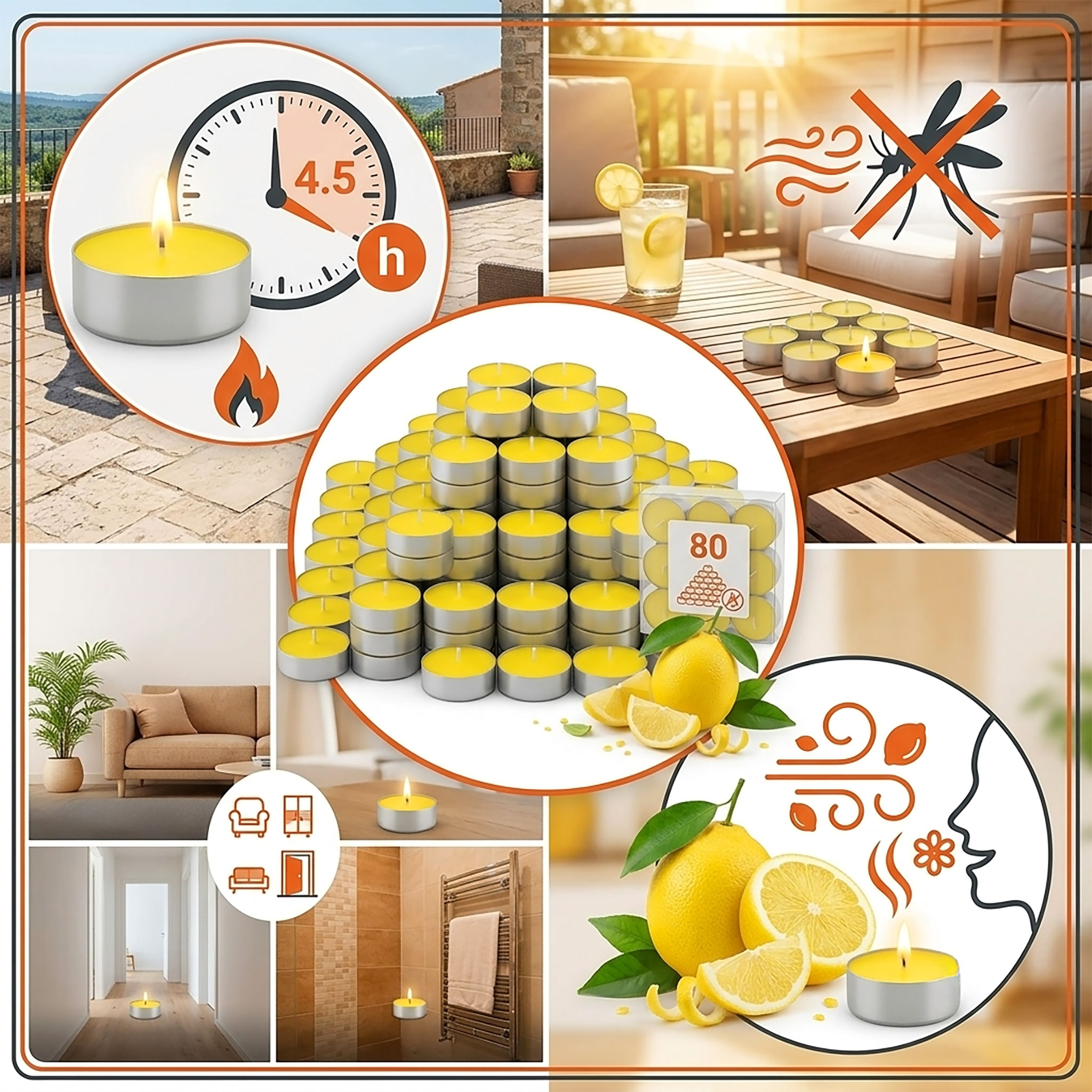 Citronella Duft Teelicht - 80er Pack - Zitronen Duftkerze gegen Mücken
