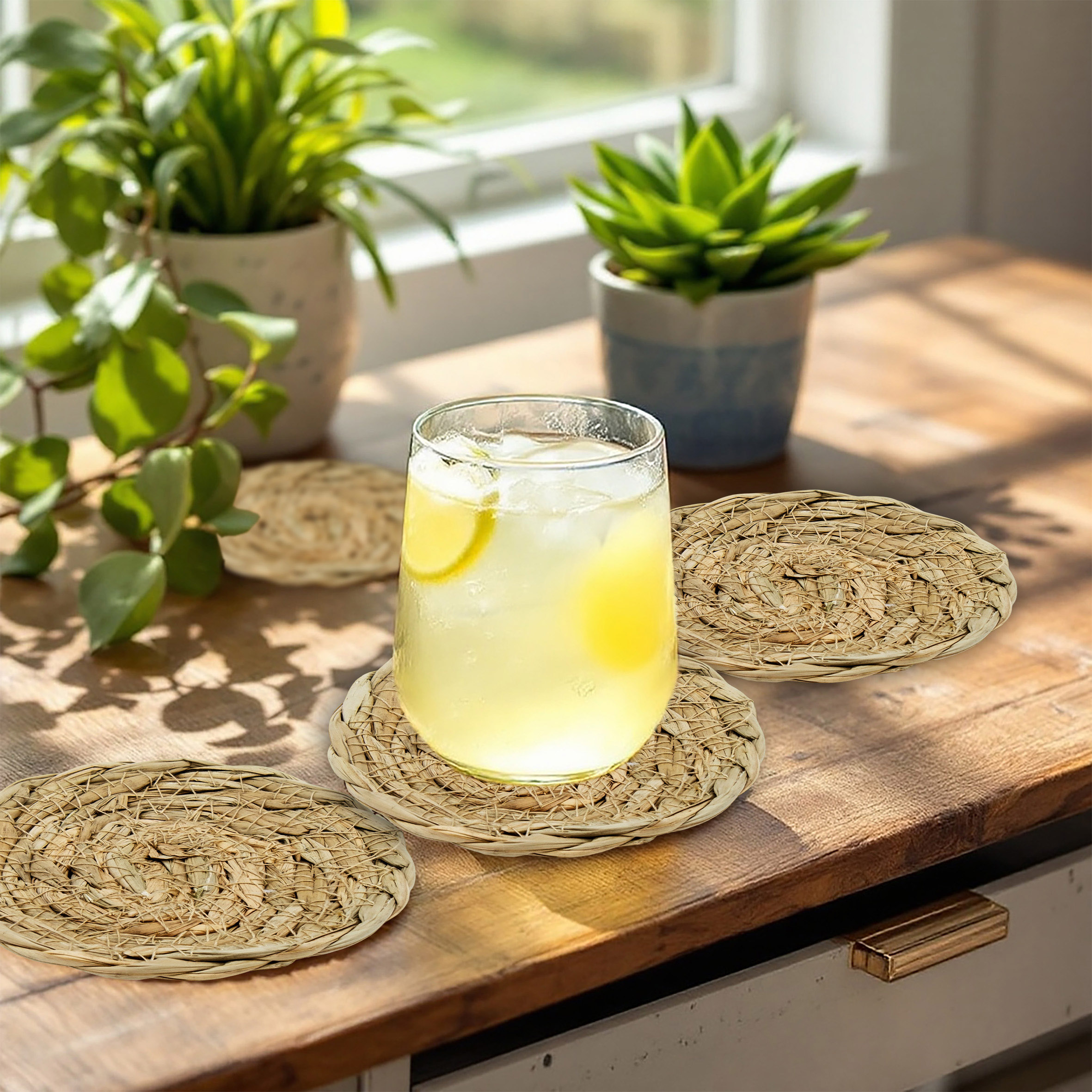 Seegras Glasuntersetzer natur rund - 8er Set - Rattan Untersetzer für Gläser und Tassen