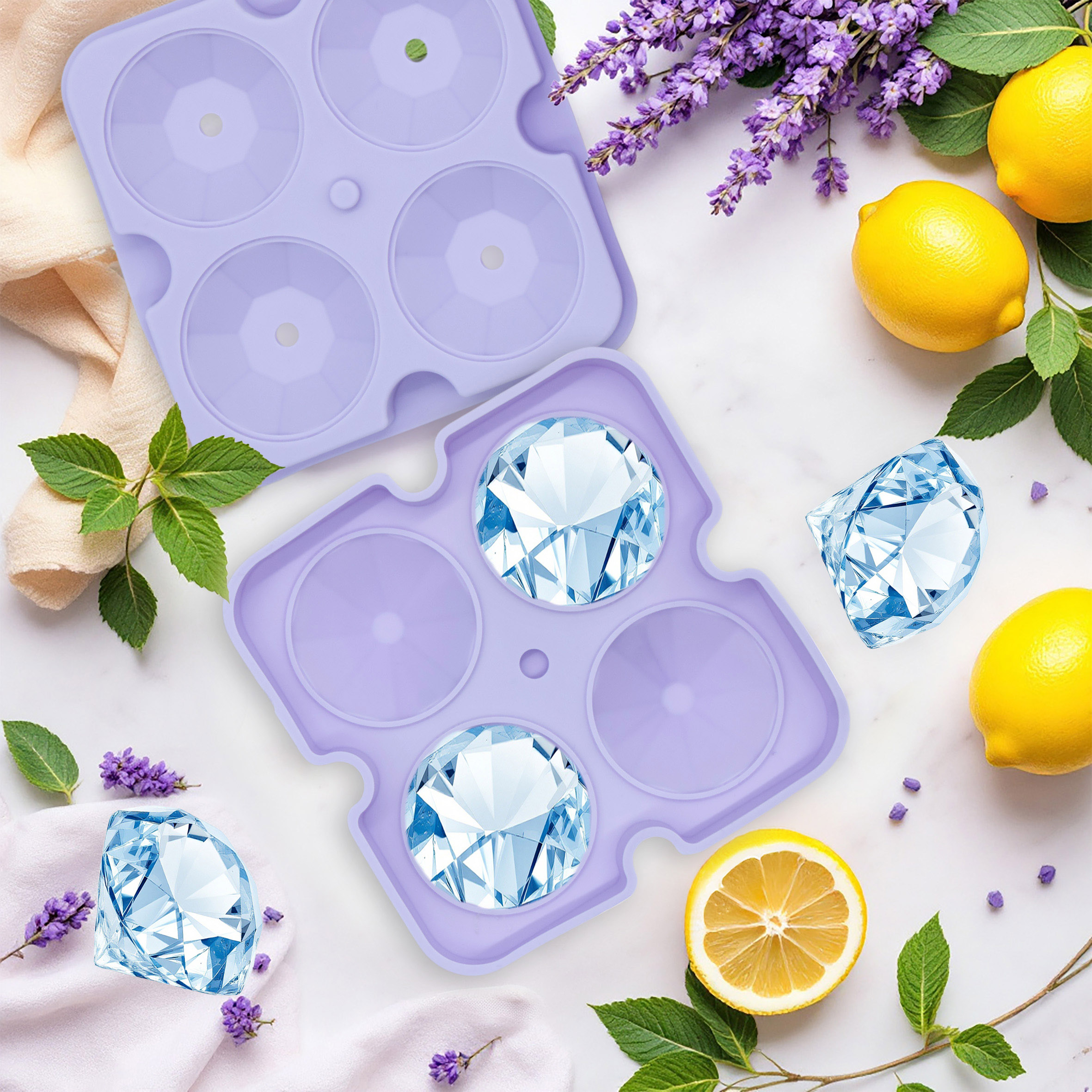 Silikon 4er Eiswürfelform XL Diamant je 5 cm - 2er Set - Eiswürfelschale mit Deckel für 4 große Kristalle
