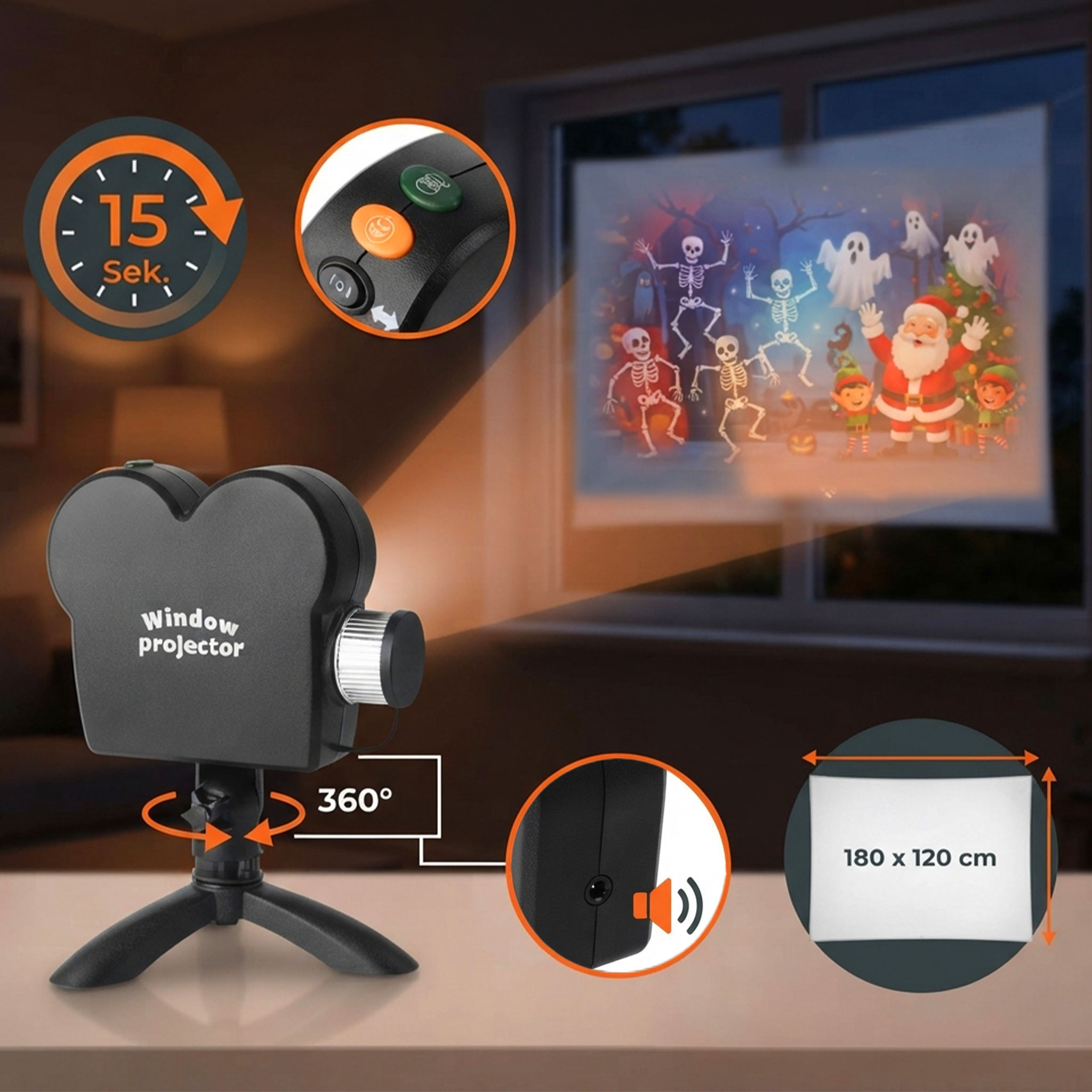 Fensterprojektor für Innen mit 12 Filmen - 6x Halloween & 6x Weihnachten - Deko Projektor im Retro Design inklusive Leinwand und Stativ