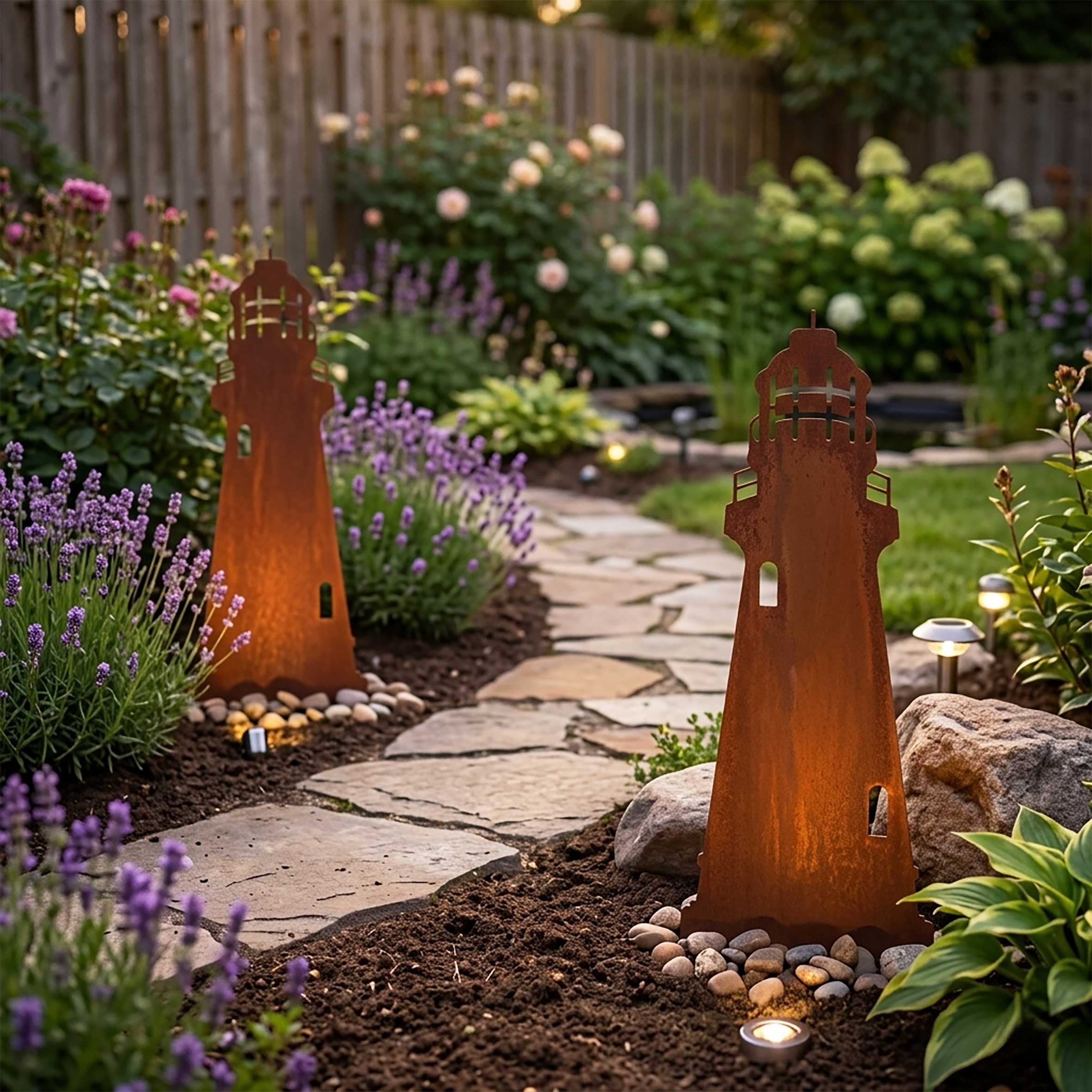 Metall Gartenstecker Leuchtturm 32 x 10 cm in Rost Optik - 4er Set - Garten Deko Beetstecker für Außen