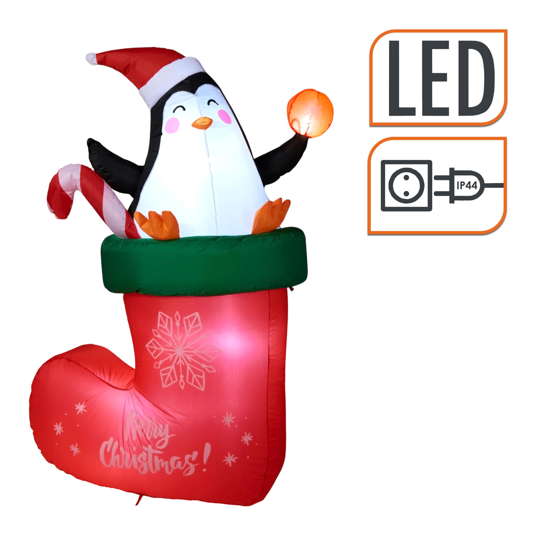 Aufblasbarer XL Nikolaus Stiefel mit LED Beleuchtung - 178 x 110 cm - Riesen Weihnachts Socke mit Pinguin selbstaufblasend mit bunten LEDs für Außen und Innen
