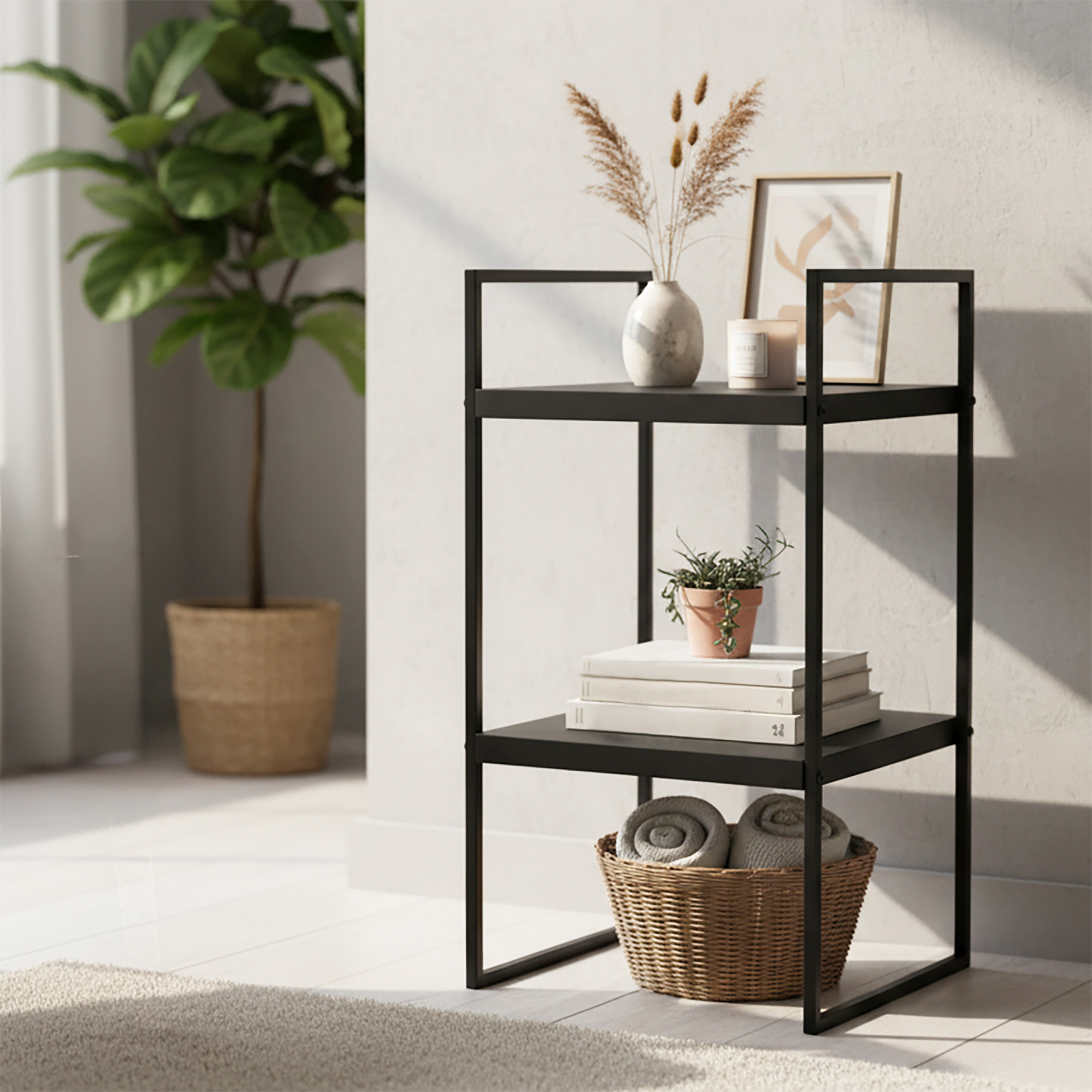 Metall Standregal schwarz offen mit 2 Fächern - 54 x 27 cm - Bücherregal klein mit 2 Ablagen