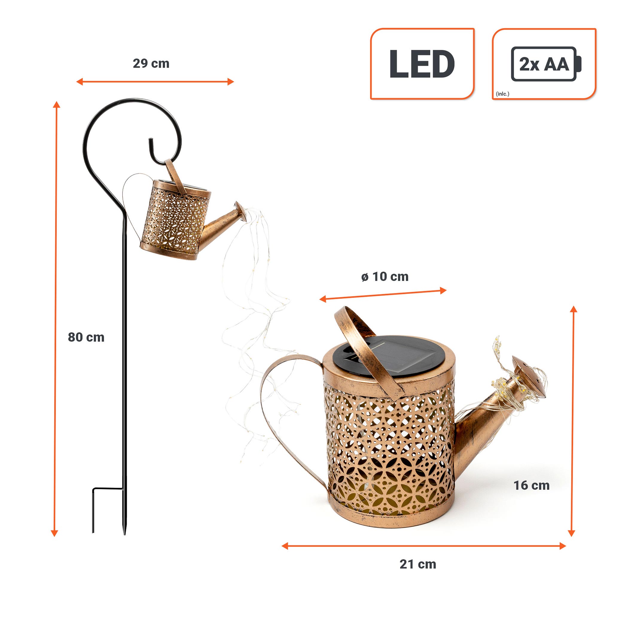 LED Solar Gießkanne mit Erdspieß - 21 x 16 cm - Garten Deko Beleuchtung 40 LED in warm weiß beleuchtet