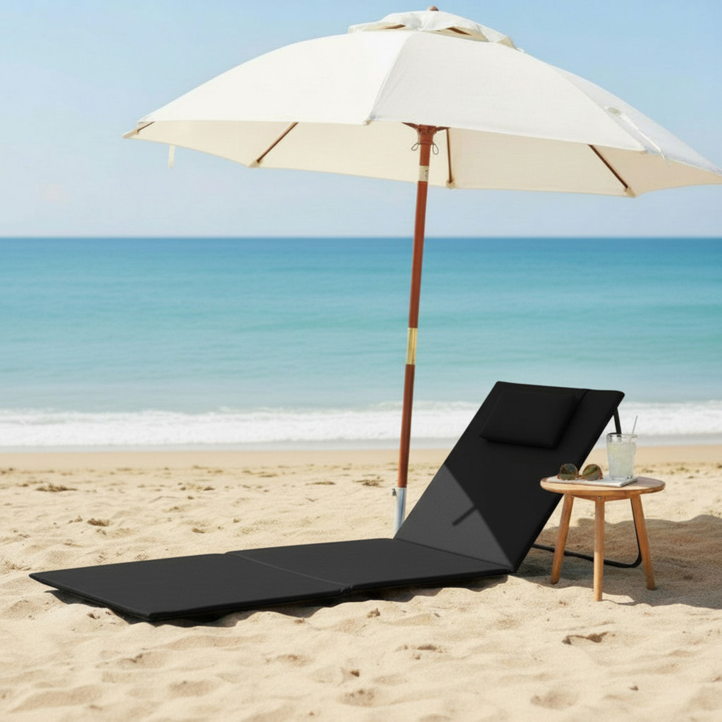 Strandmatte 2er Set klappbar mit verstellbarer Rückenlehne - schwarz - Liegematte faltbar 145 x 48 cm mit Kopfkissen