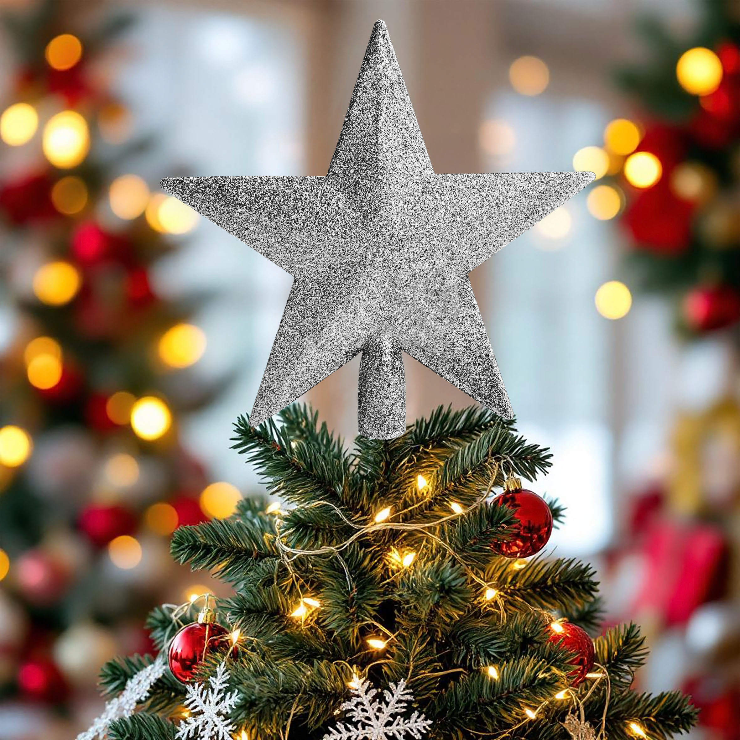Weihnachtsbaum Spitze 20 cm mit Glitzer - silber -   Christbaumspitze 3D Weihnachtsstern