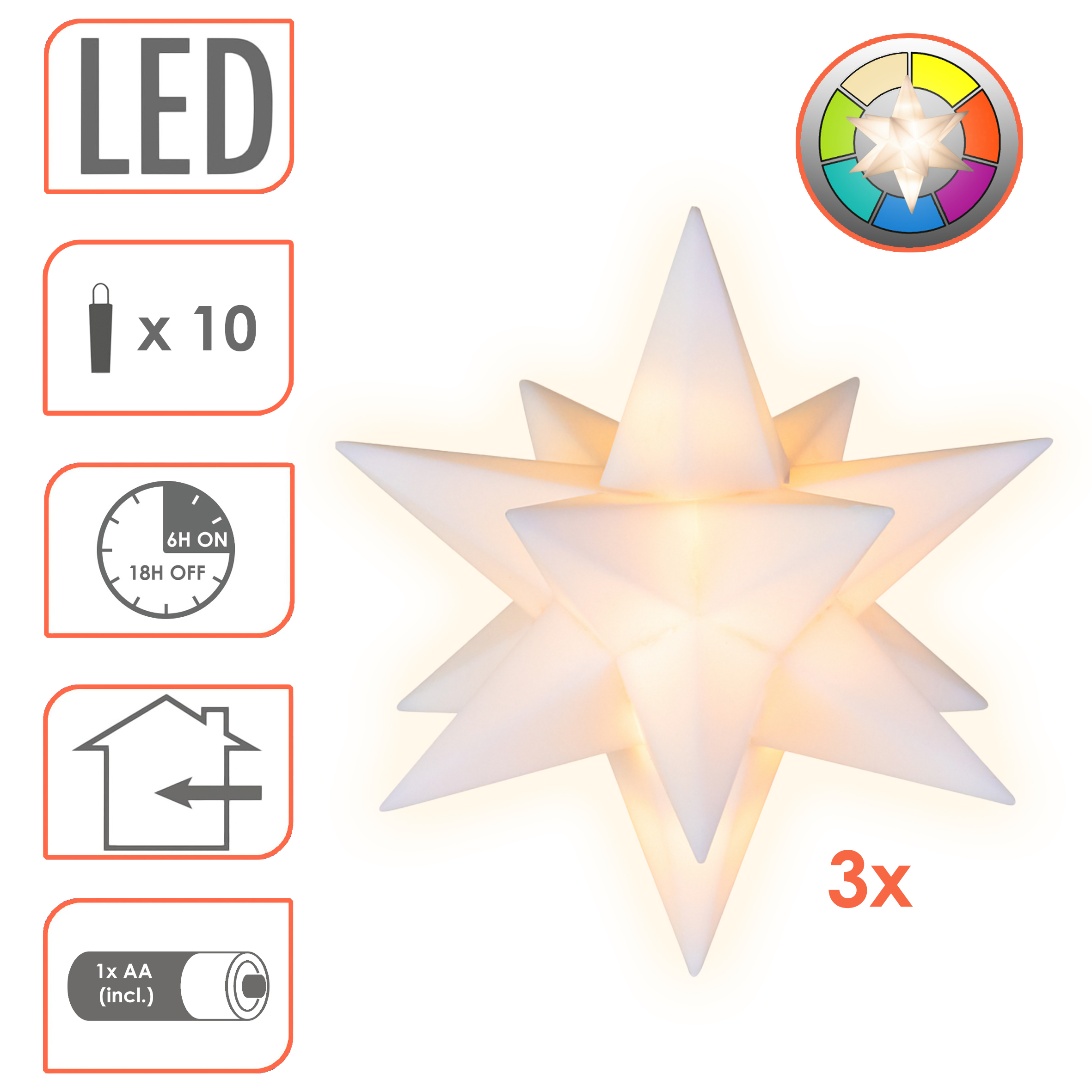 3D Weihnachtssterne warm weiß mit Fernbedienung 3er Set - 13 cm - LED Leuchtstern mit Timer Dimmer und multicolor Farbwechsel