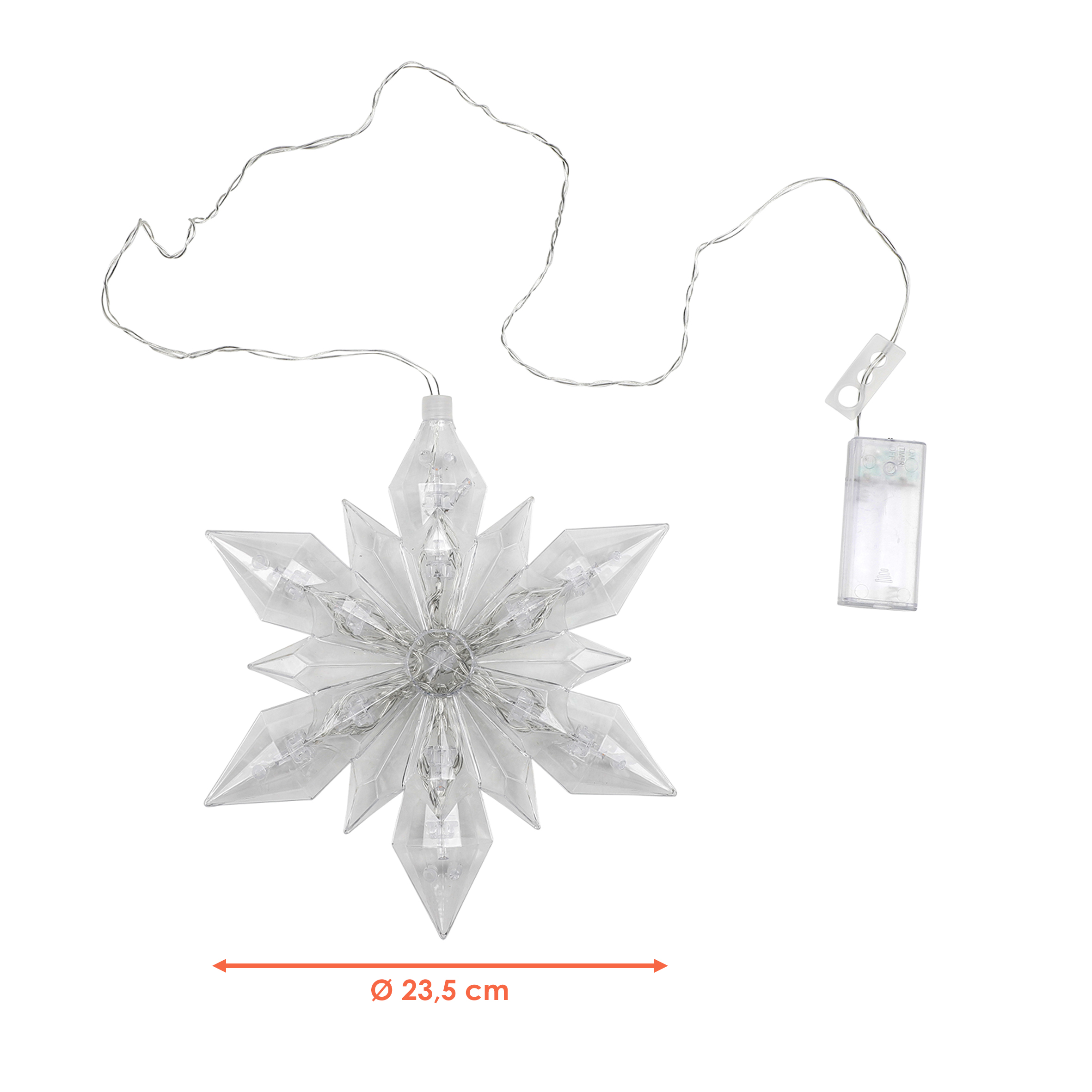 LED Schneeflocke zum Hängen 23 cm mit Timer - 2er Set - Weihnachtsstern warm weiß beleuchtet Batterie betrieben