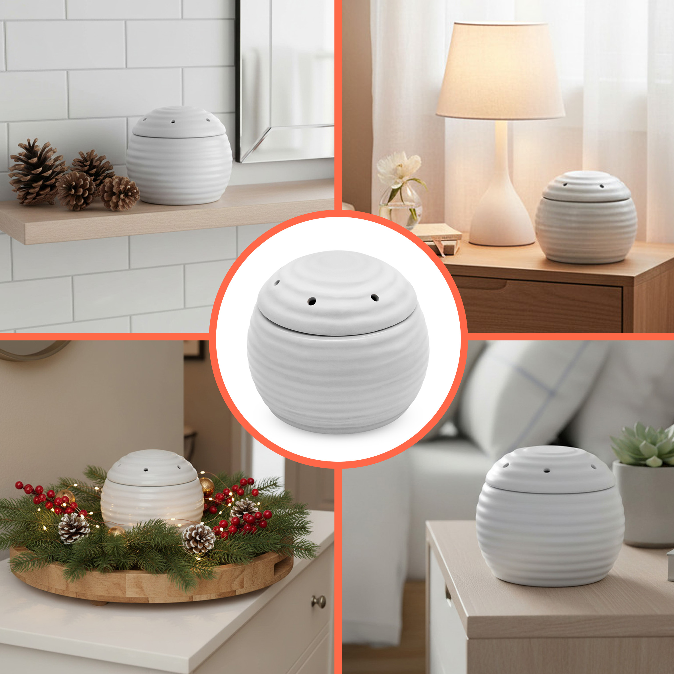 Elektrische Duftlampe für Weihnachtsduft Granulat - 10 cm - Keramik Aroma Diffusor inklusive 3 Beutel Duftgranulat 1x Wintertanne 1x Pininzapfen 1x Zimtstange