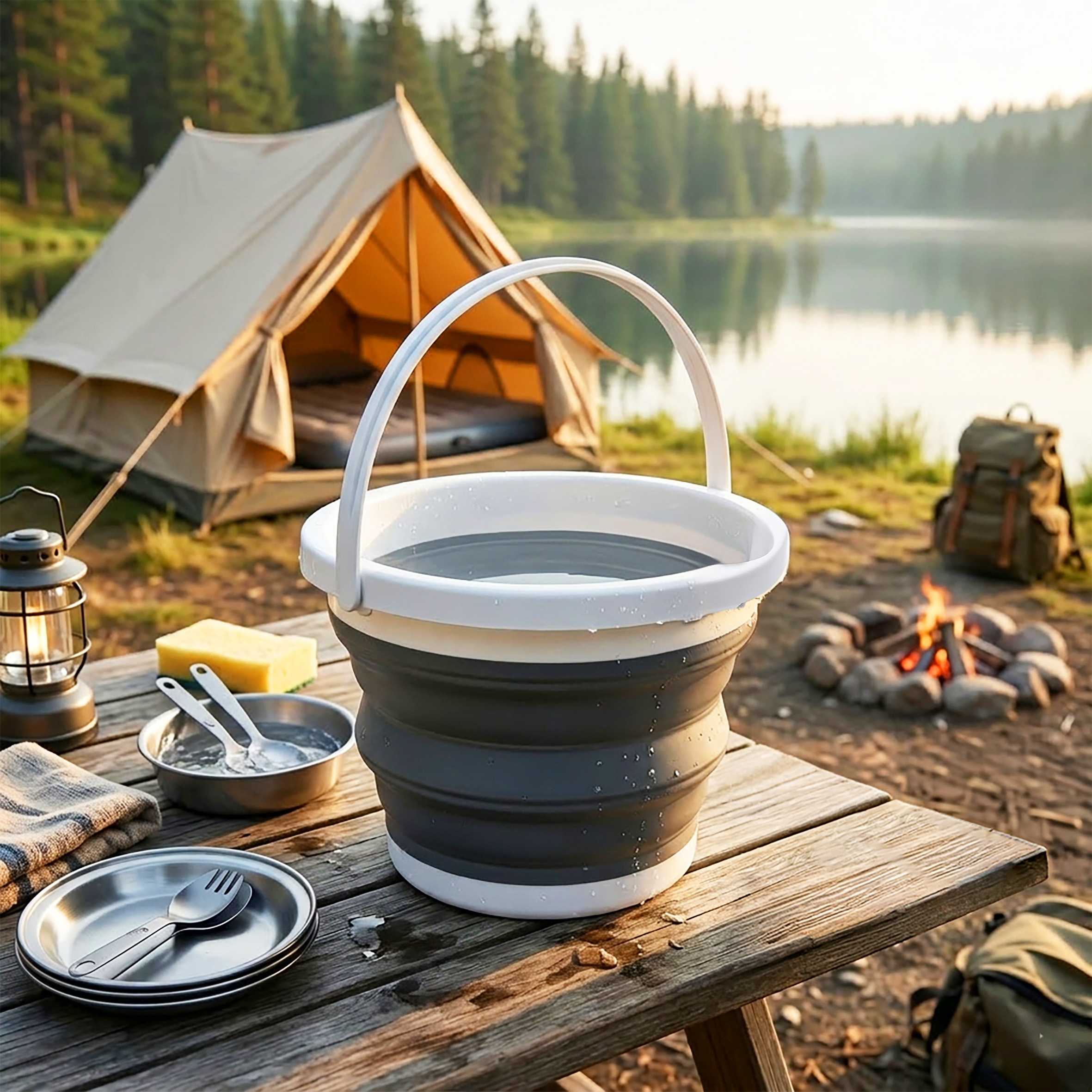Camping Eimer faltbar Ø 24 cm grau - 5 L - Silikon Wasserkübel mit Tragegriff