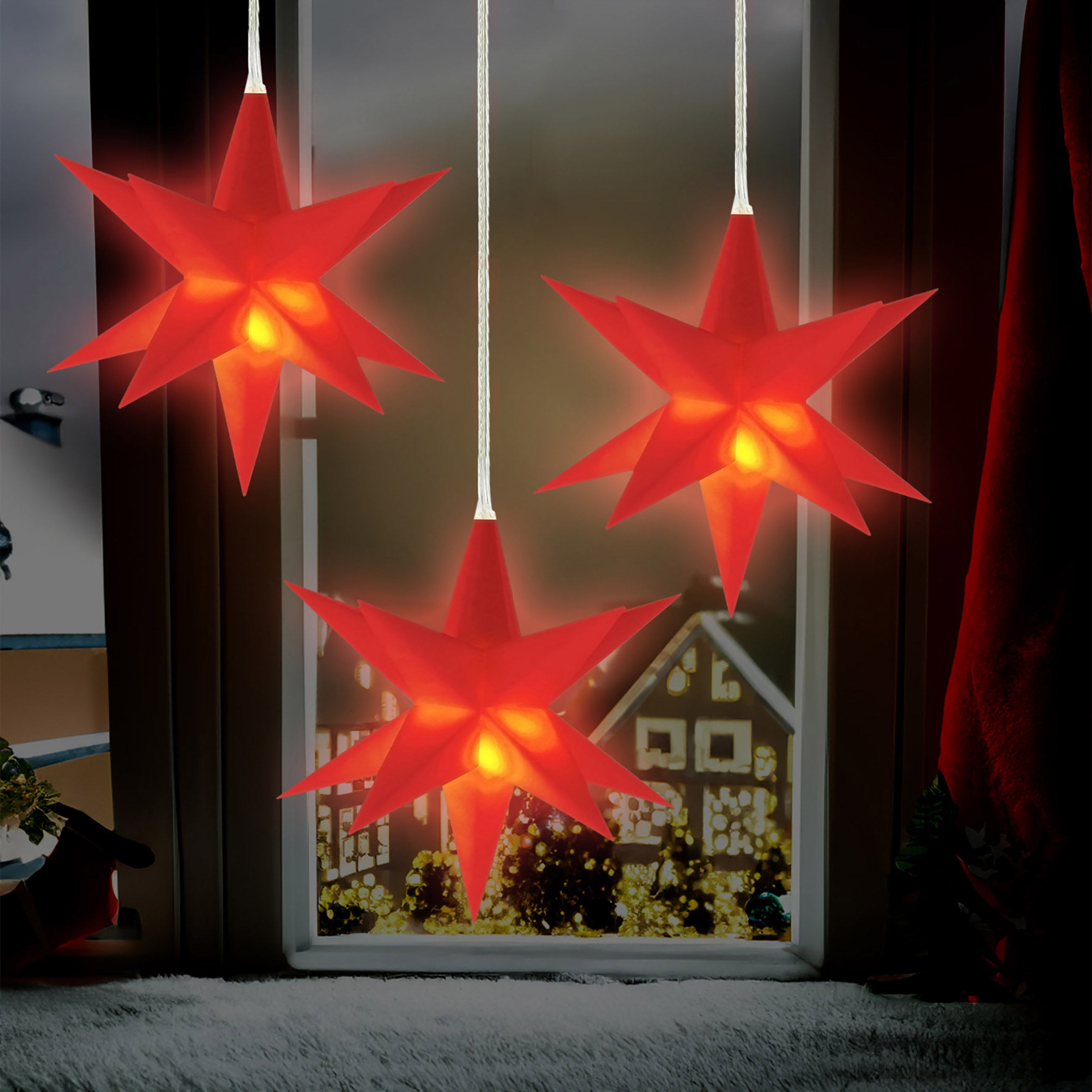 3D Weihnachtsstern 12 cm warm weiß Beleuchtet - weiß oder rot / 1 oder 3 Stück - LED Fenster Deko Leuchtstern mit Timer Batterie betrieben