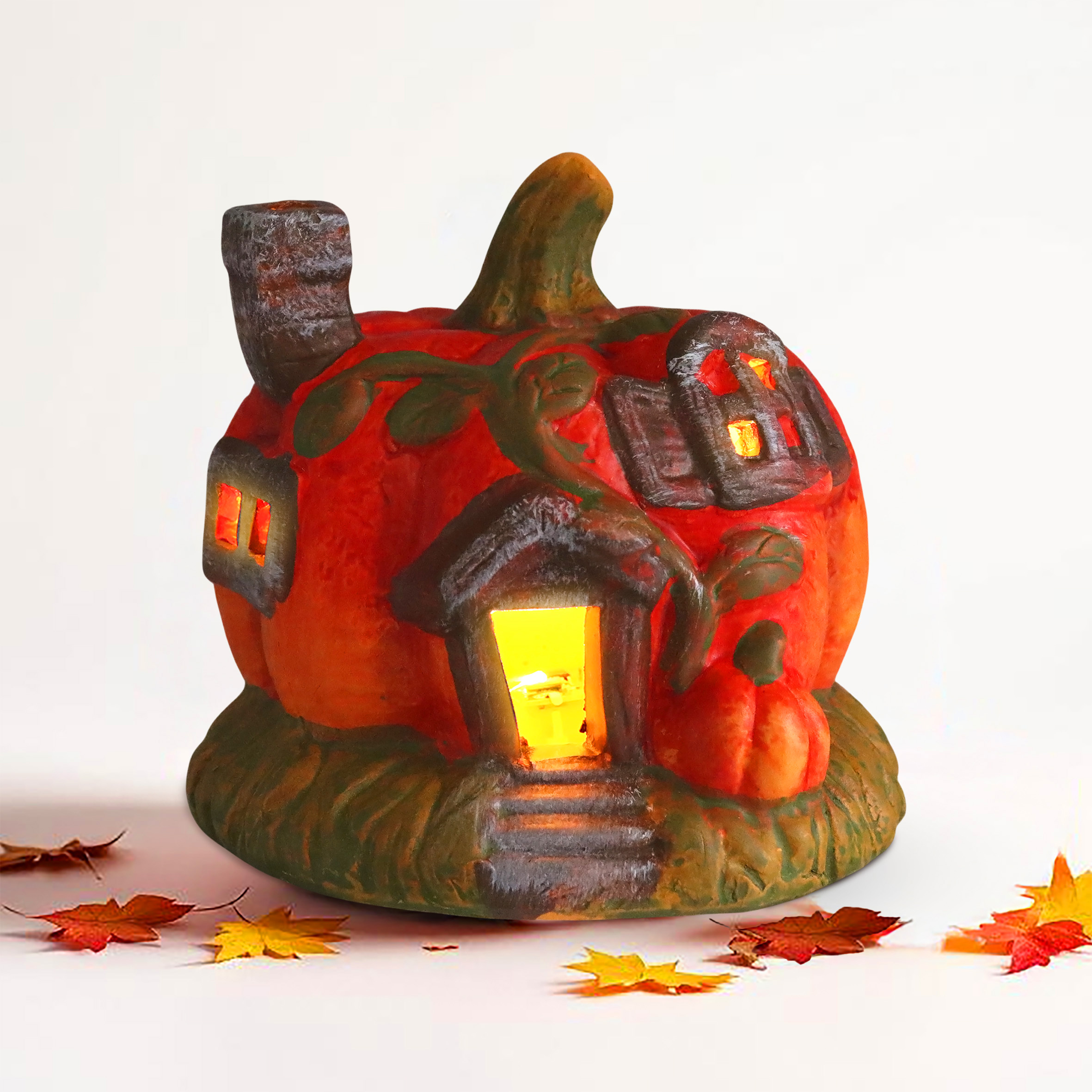 LED Kürbis Haus aus Ton mit Timer batteriebetrieben - 12 cm - Herbstdeko Zierkürbis aus Steinzeug warm weiß beleuchtet