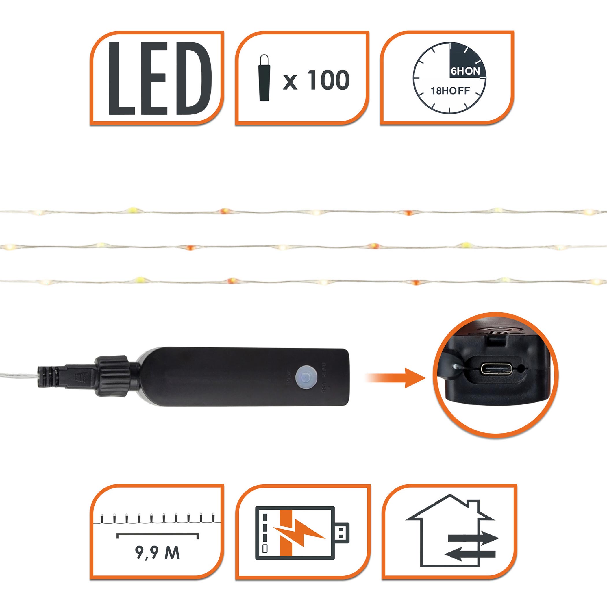 Draht Lichterkette bunt mit Powerbank 8 Funktionen und Timer - 100 LED - Akku Weihnachtslichterkette 9,9 m multicolor per USB-C wiederaufladbar
